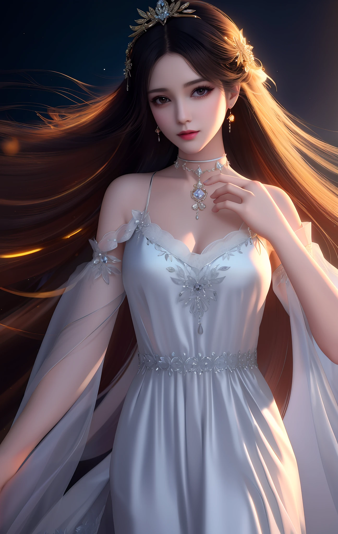 Best Quality，a masterpiece，high resolusion，1 girl，Silk nightdress，hair ornament，Choker，JEWELRY，Beautiful Face，Physically，Tindal Effect，lifelike，Dark Studio，edge lighting，two-tone lighting，（highdetailedskin：1.2），8k uhd，SLR，softlighting，high quality，Volumetric Light，Candid camera，photograph of，high resolusion，4k，8k，Background bokeh