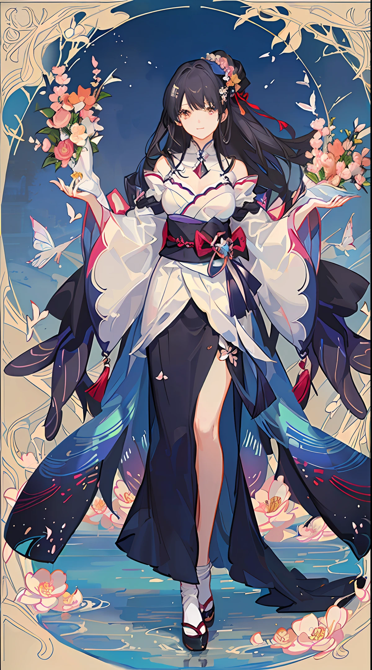 Moe、magical girl、dark black hair、Lustrous hair、Seven colors、Fly in the sky、Japan furisode pattern、colorfully、ornate、Blossom、butterflies、wallpapers、design