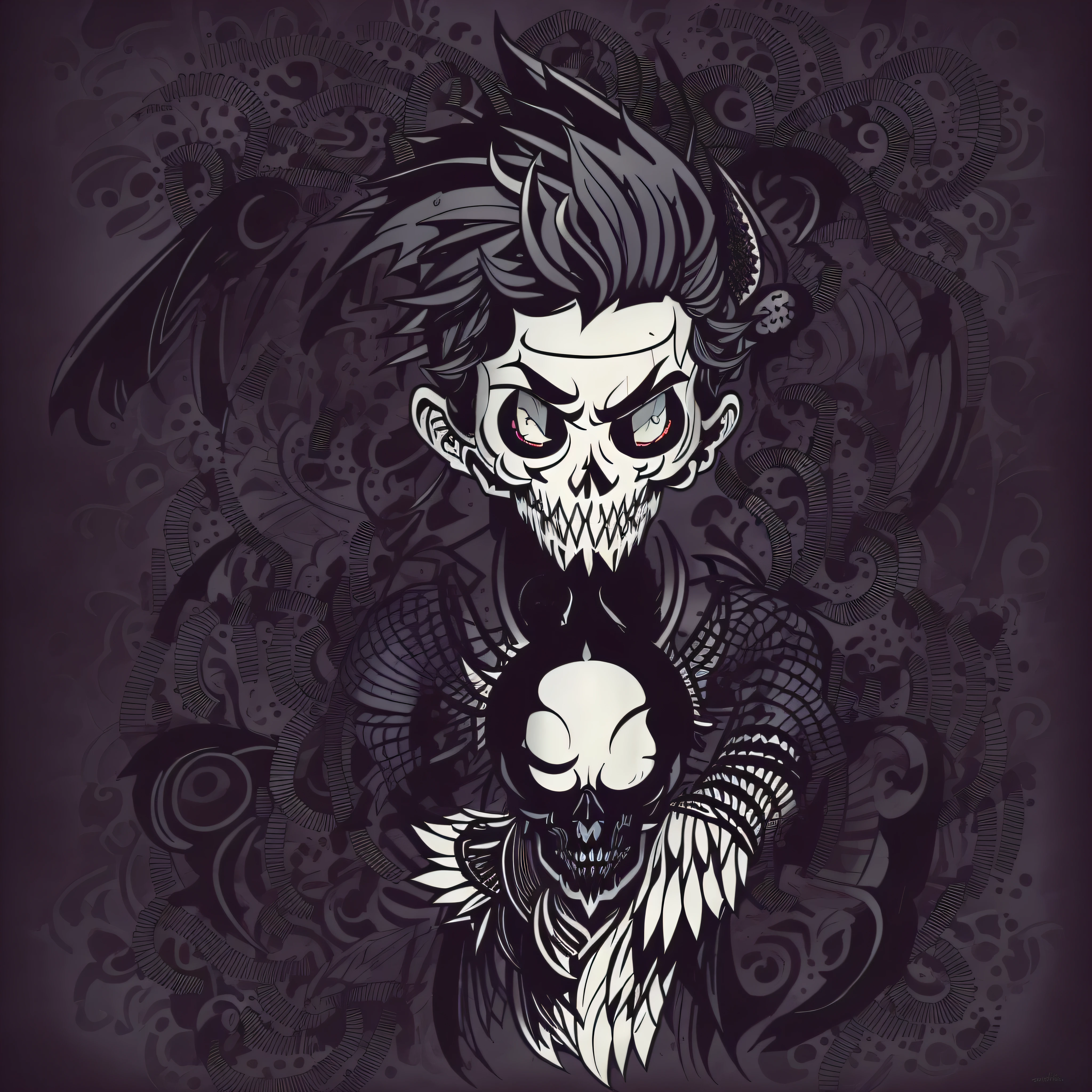 In the image, we see a boy with an emo hair style inspired by the game "Don't Starve Together". Her hair is long and dark, falling in shaggy locks around her pale face. He has fringes that cover part of his eyes, giving him a mysterious look.
The boy wears clothes in the Gothic cartoon style, with a mixture of dark and extravagant elements. He wears a black T-shirt with skull prints and dark red accents, matching a pair of tight pants of the same color. His footwear is a high-top boot, also black, with buckles and silver details.
To complete the look, the boy has a stylist applied to his forehead. The stylist has a unique design, looking like a tribal symbol with touches of mystical elements. It can be an image that represents a mythical animal or a symbol related to the fantastic world of the game "Don't Starve Together".
