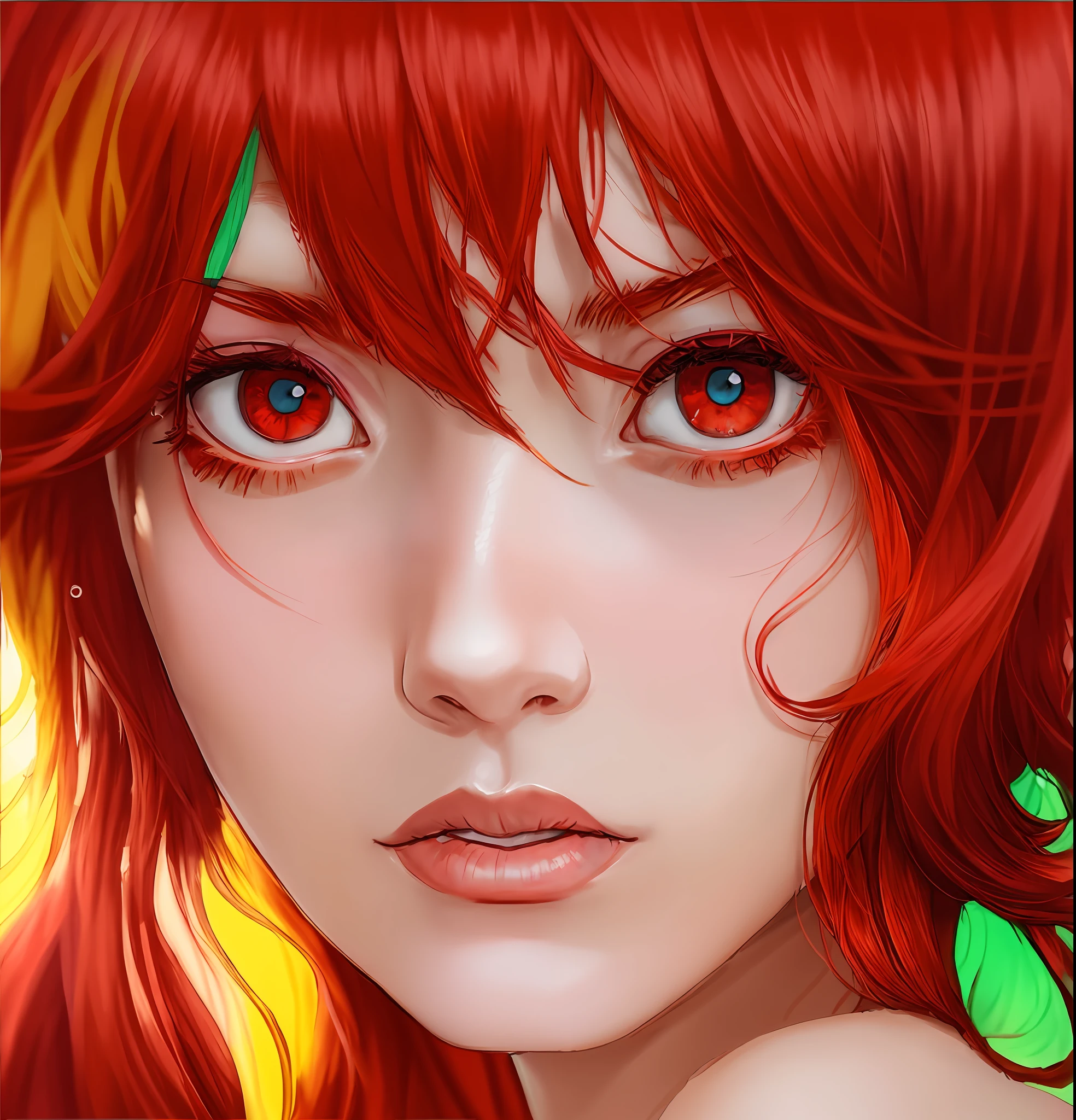 Drawing of a woman with red hair and yellow eyes, stunning anime face portrait, red and blue eyes, with red hair and green eyes, beautiful portrait of nami, perfect blue eyes, beautiful anime portrait, by Harumi Hironaka, detailed portrait of anime girl, kuvshinov ilya, red haired girl, red hair girl, red head