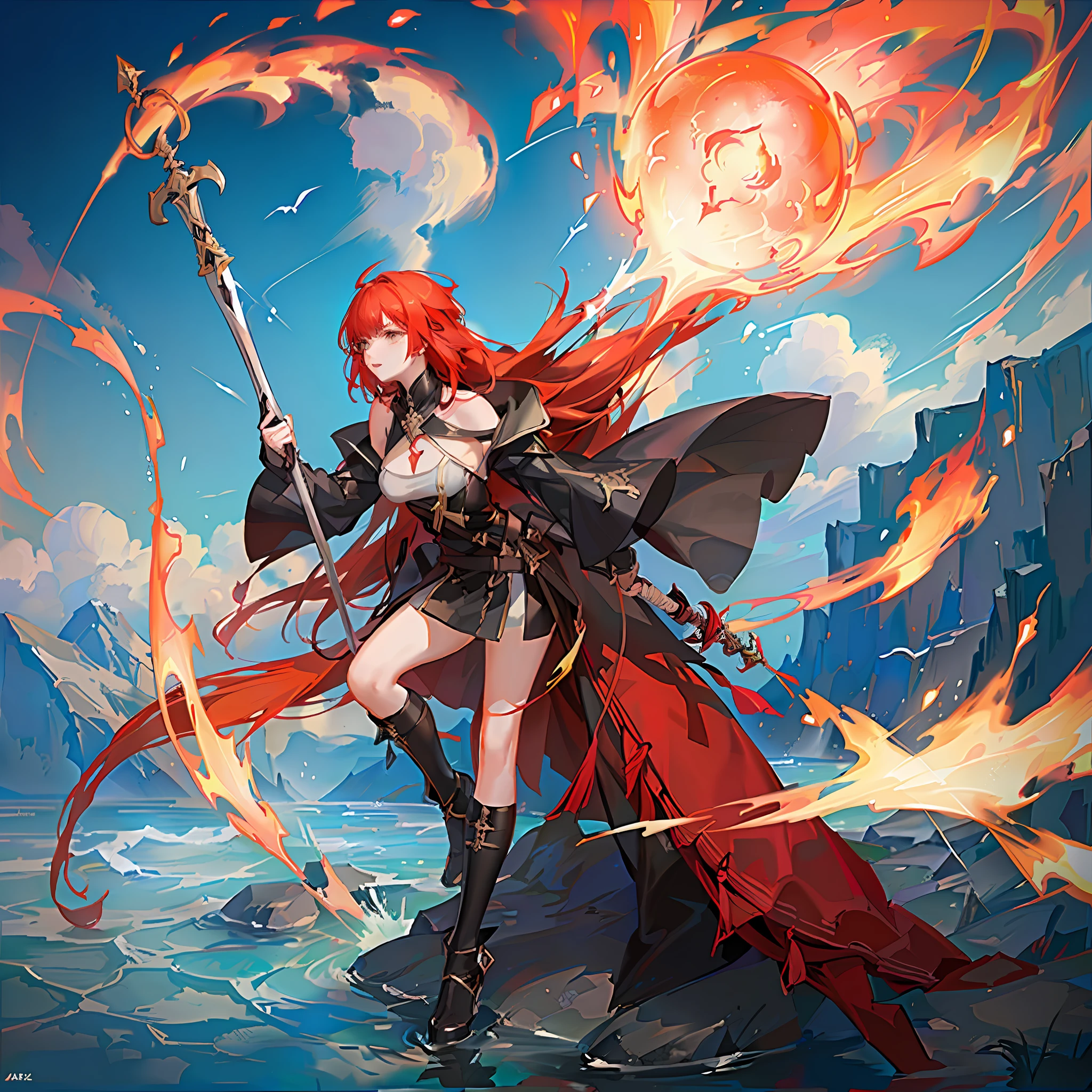 4k,female,battle mage,magic sword,red hair,cappa,fire elements,water elements,thunder elements,sunny,grace
