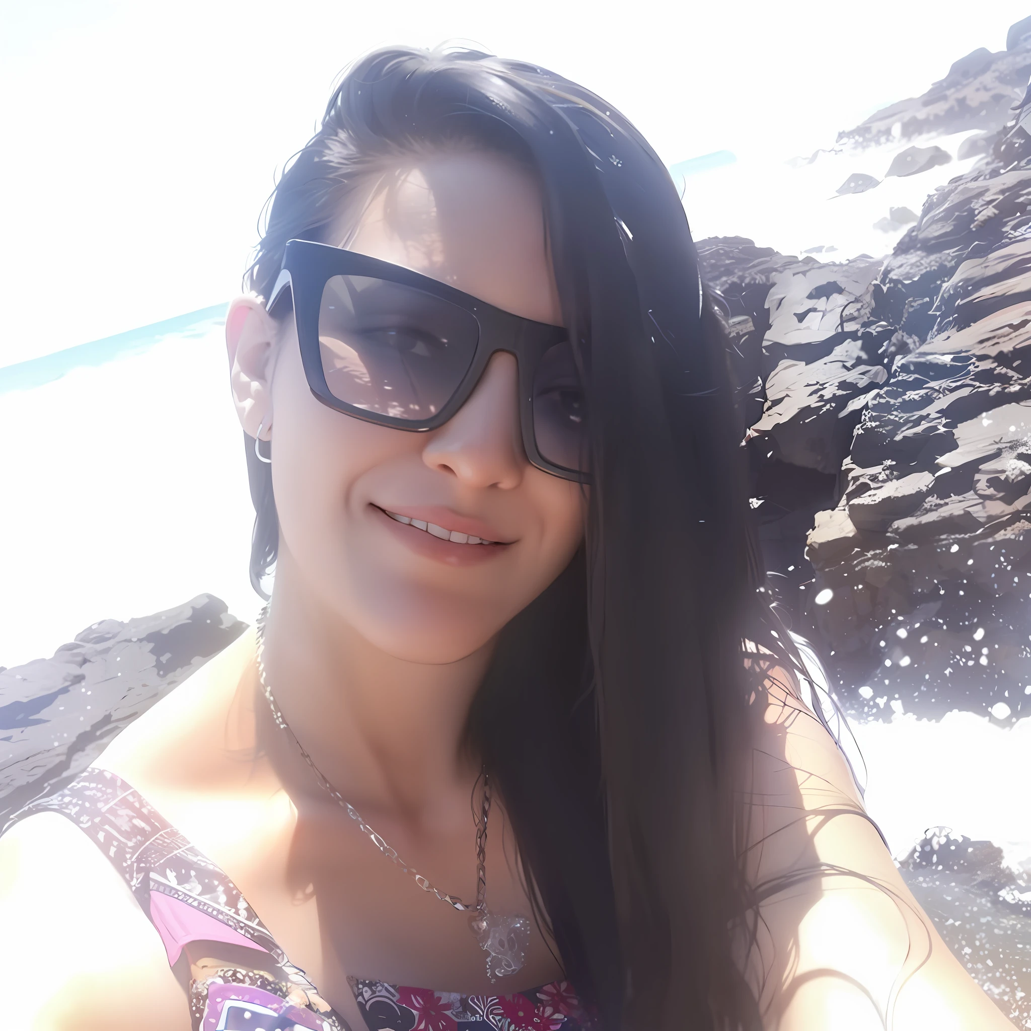 woman with long dark hair wearing sunglasses and a bikini top, 3 0 anos de idade  na praia, foto selfie, beutifull, no mar, em uma praia