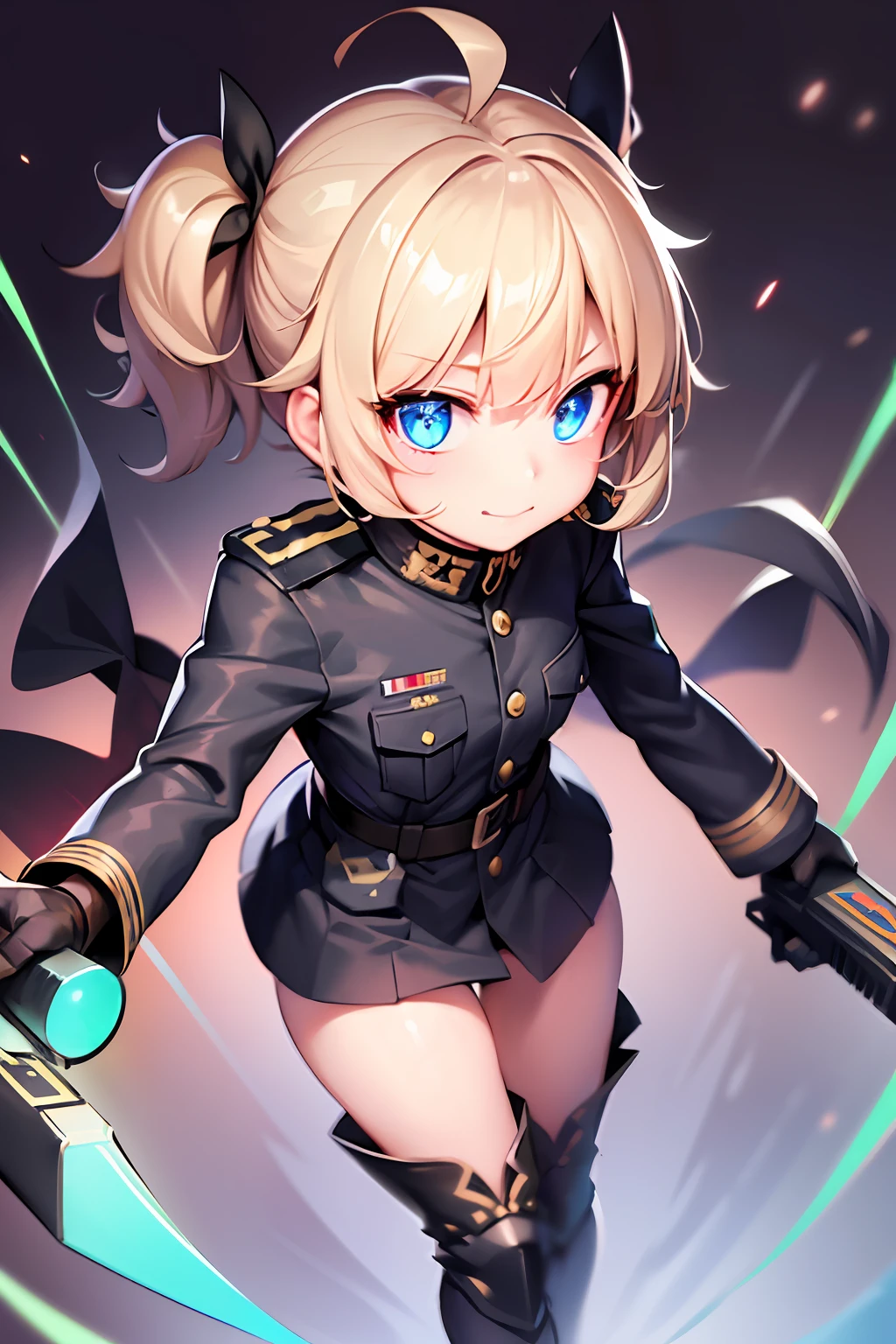 The girl wore a black German military uniform, Girls' Front, animated, extremely beautiful detailed anime face and eyes, realistic, whole body, focus on eyes, holding_weapon, beautiful detailed fullbody, petite, girl, baby,5 years old, short hair, messy hair, wept bangs, blonde hair, disheveled hair, ahoge, Delicate facerain, baby face, lovely big eyes, sky background,flat_chest, blue eyes, black_gloves, gun, military, boots, black Clothes, grand space, floating, God Light, Absurd, artbook, extremely detailed 8K wallpaper, very precise detailed, absurdres, {{{{{{{hensin}}}}}}},{{{{glowing neon arms}}}},{{{{glowing neon legs}}}}, dutch angle, from above, (smirk), detailed gun, detailed pendan
