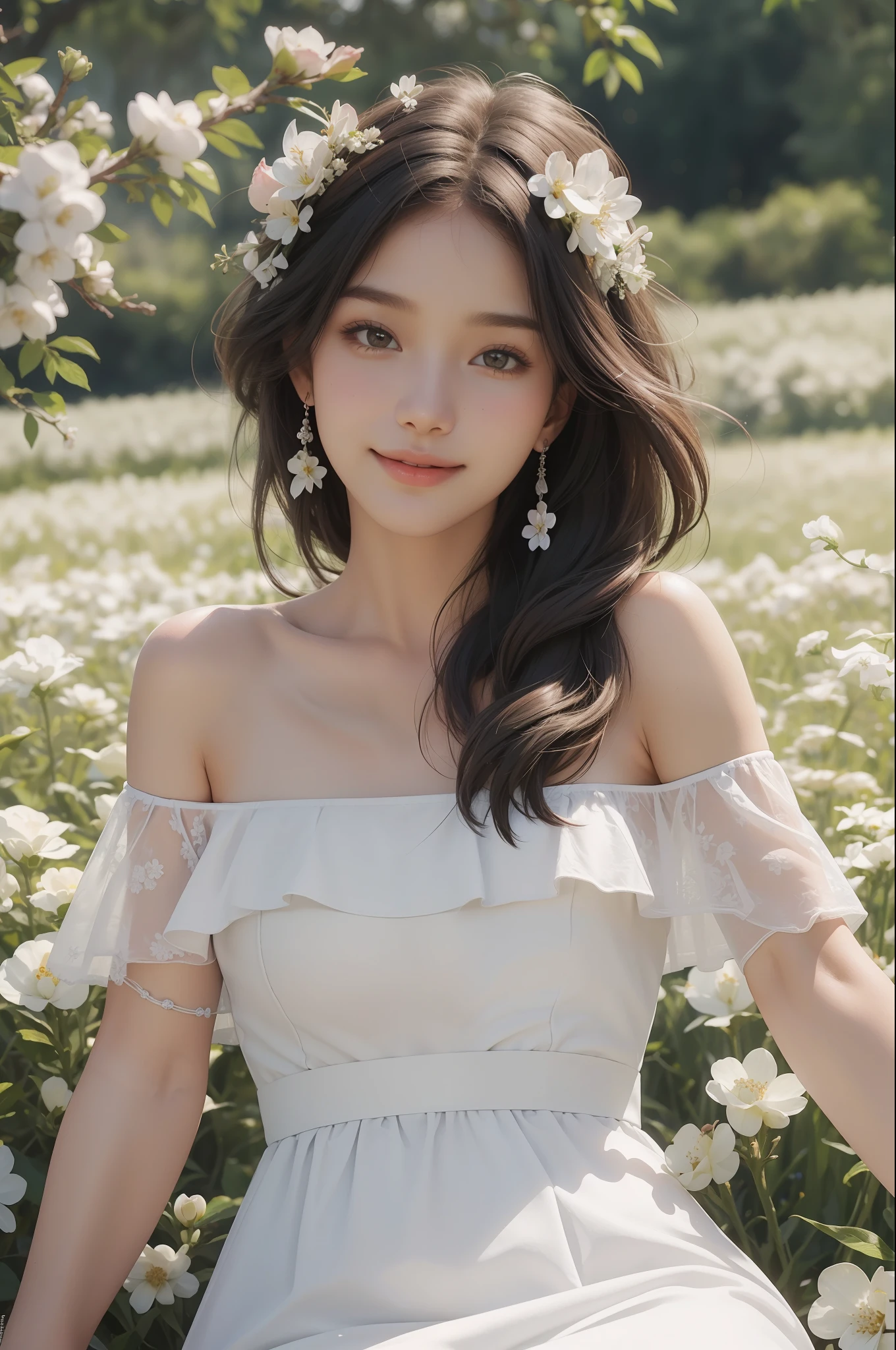 Best quality, masterpiece, ultra high res, (photorealistic:1.4), raw photo, 1girl, white dress, off shoulder, blossom flower field, glowing skin, light smile