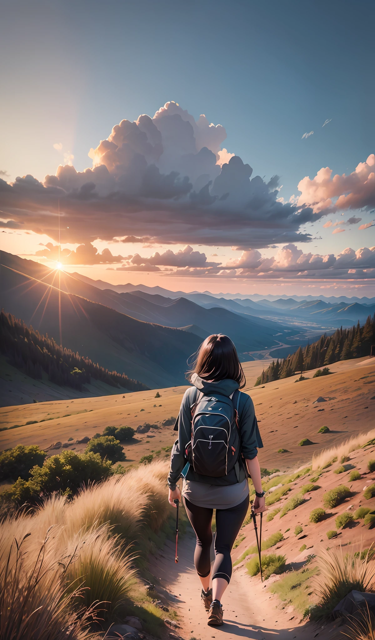 Hiking and Realistic Adventure with a Brunette Girl, with Medium-Length Black Hair. The girl is wearing hiking attire, facing away, observing the landscape and sunset --auto --s2