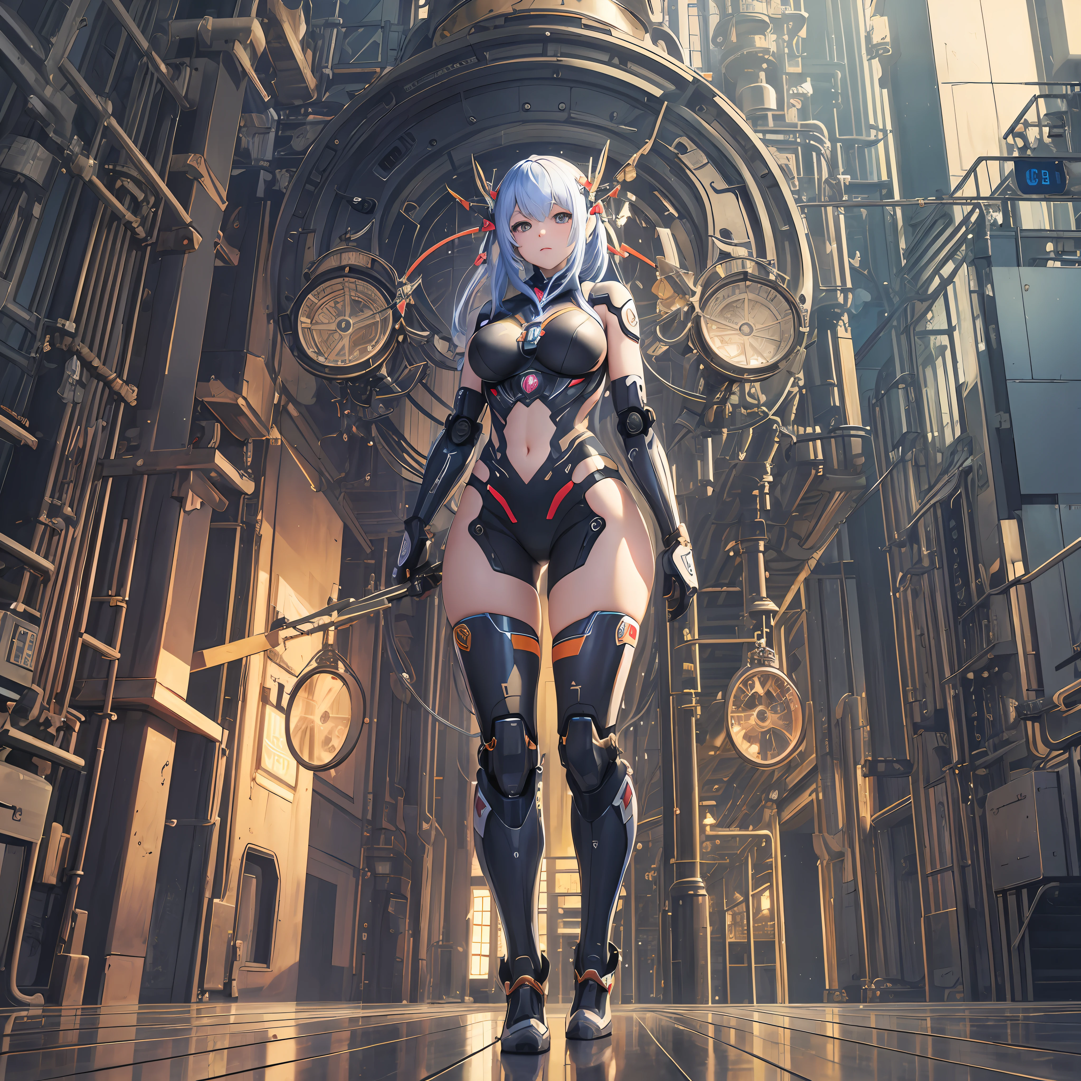 ((Masterpiece, Best Quality)), illustration, ultra-detailed 8K, realistic, clear focus, highly detailed, professional lighting, colorful details, rainbow colors BREAK factory super long shot, (1 large mechanical robot), microchip, computer, luminescence, intricate details, shitu-mecha, 1girl downscale standing in front of the viewer, navel --auto --s2