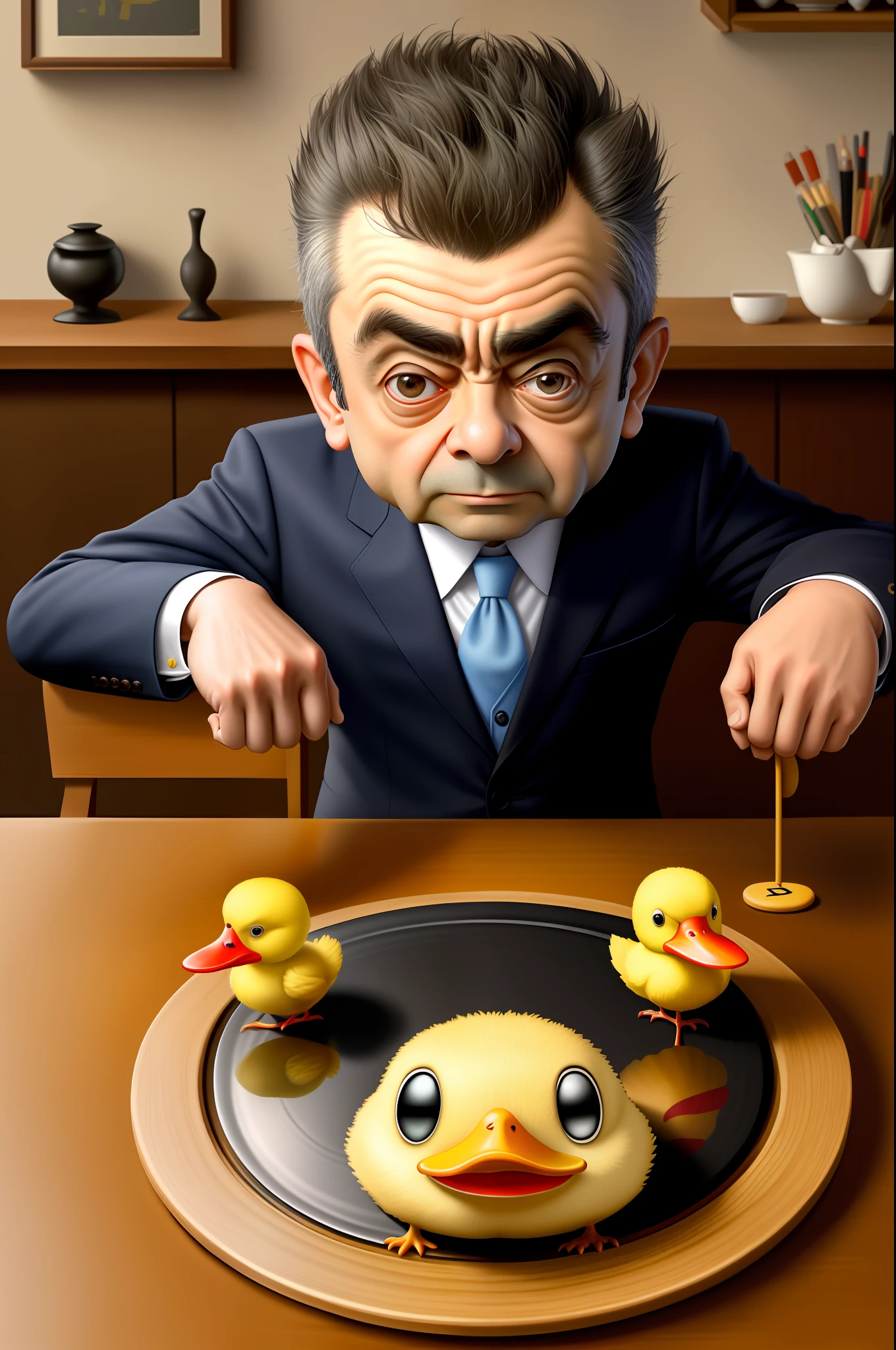Rowan Atkinson (Rowan Atkinson) Break the plank,Apply on top(Duckling Tree)Stirred milk,Mr. Bean sat at the table,There are 2 rice dumplings on the plate。