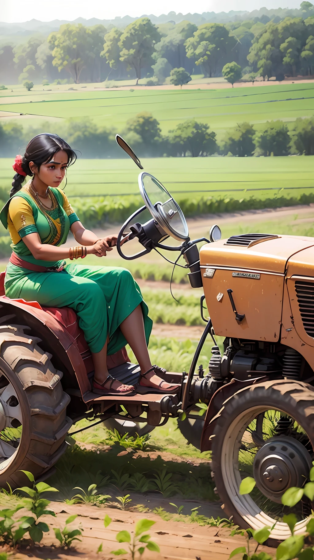 Imagine an Indian woman in traditional attire confidently operating agricultural machinery on a farm. Her hair tied up neatly, she is driving a tractor across the field, exemplifying the modernization and efficiency of agricultural practices. --auto --s2