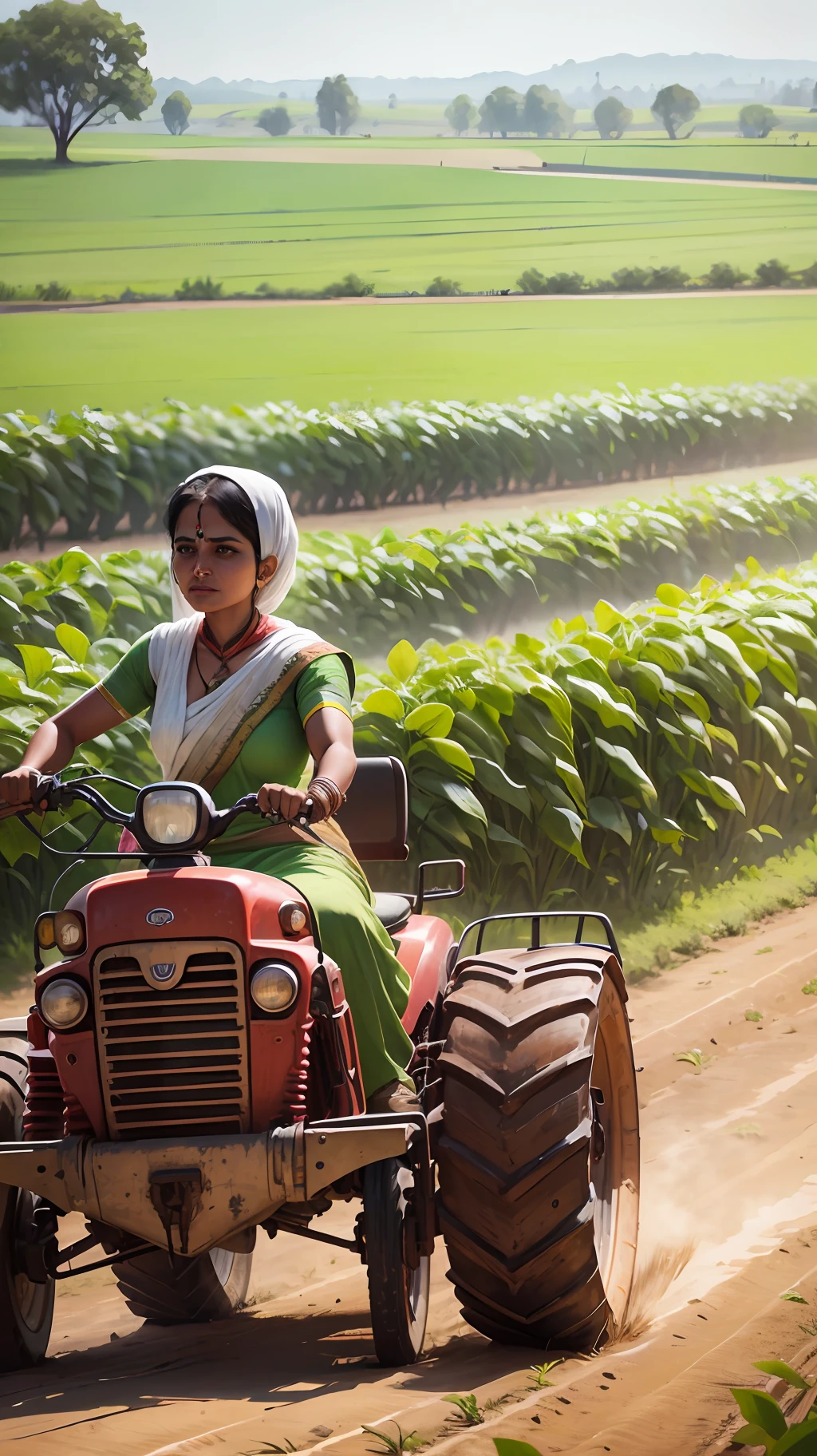 Imagine an Indian woman in traditional attire confidently operating agricultural machinery on a farm. Her hair tied up neatly, she is driving a tractor across the field, exemplifying the modernization and efficiency of agricultural practices. --auto --s2