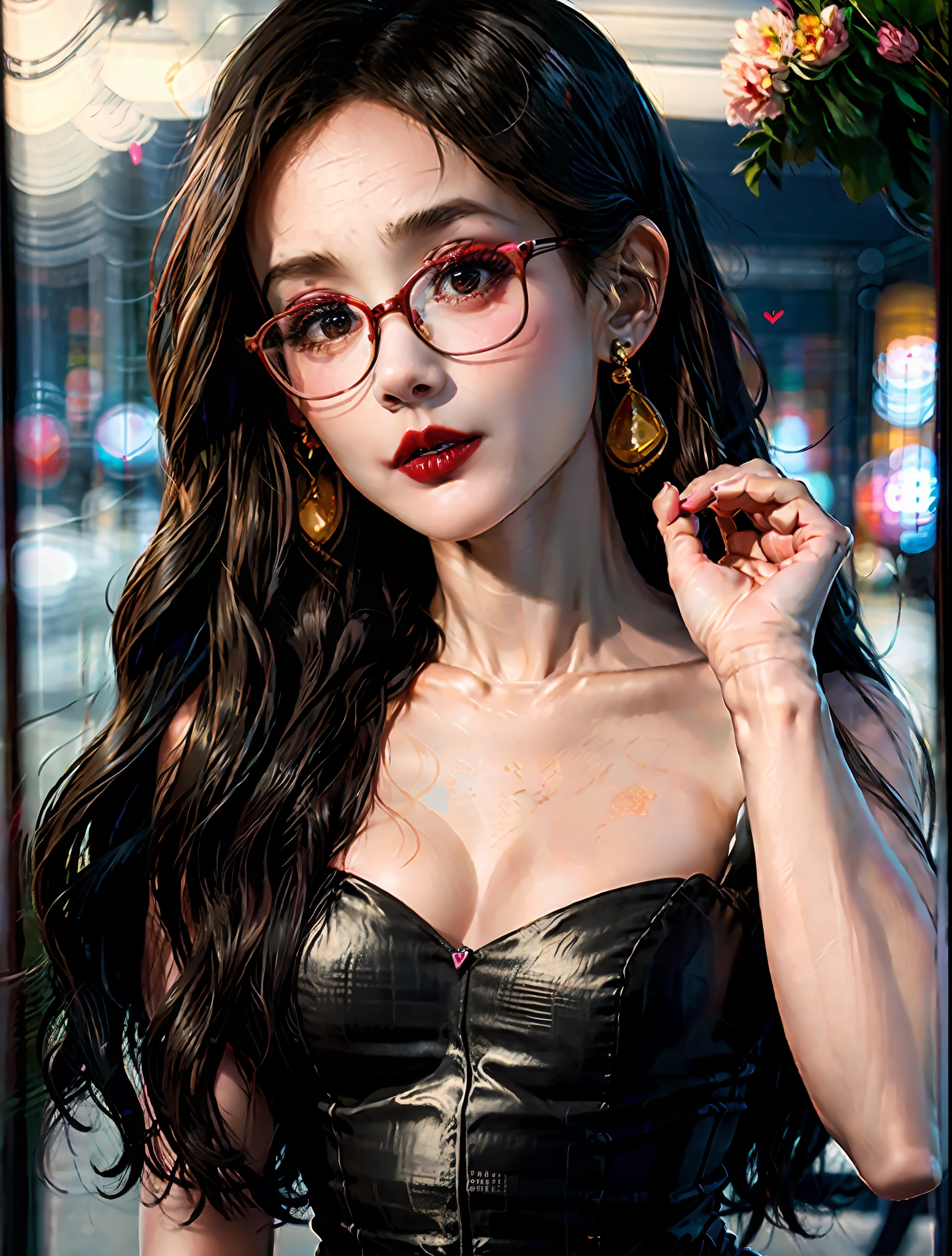 curls， Rimmed glasses， heart Earring， Close your mouth， red lips， hyper realism， highdetail， Chiaroscuro， Film grain， panoramic views， UHD， ccurate， texture skin，yoga pants