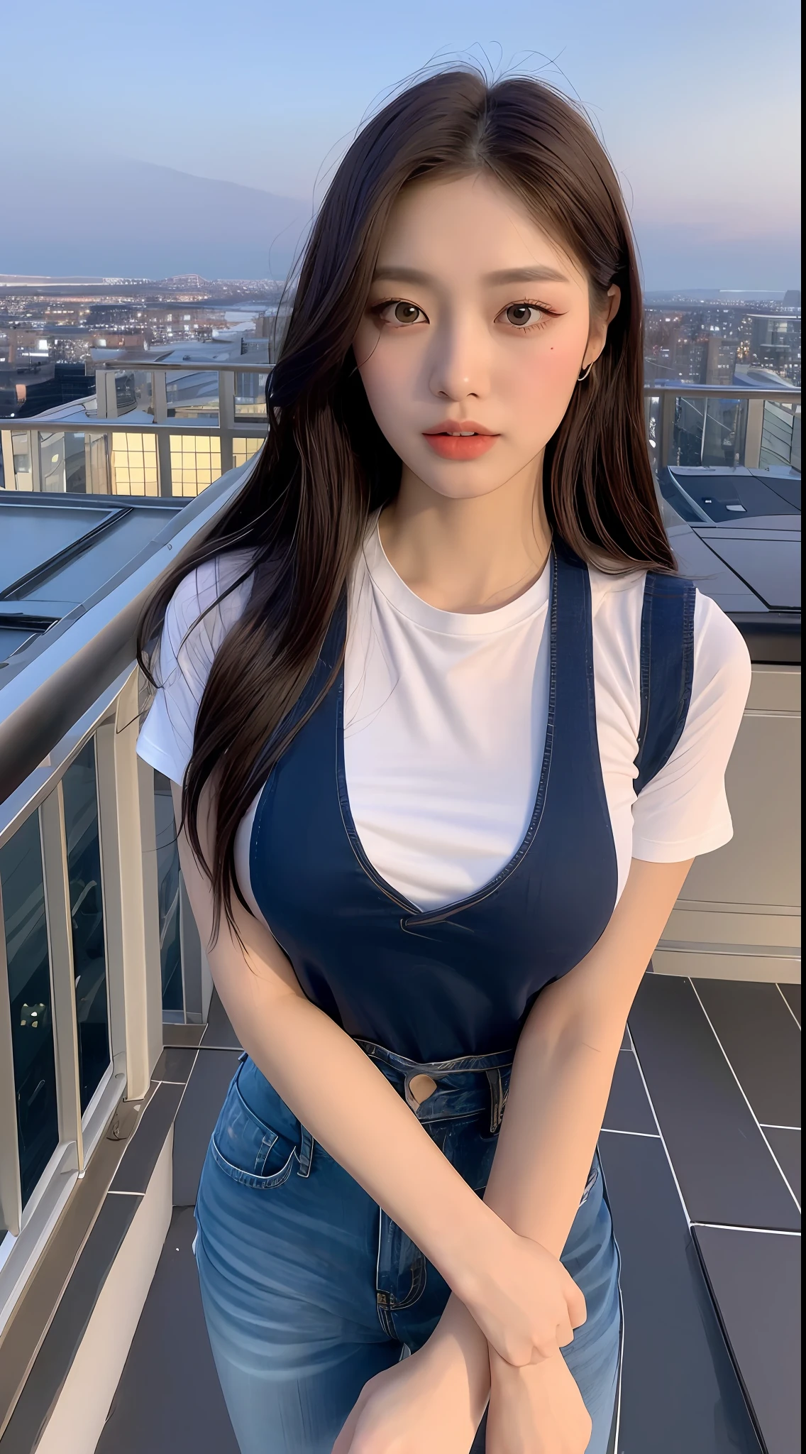 ((Midnight, Best quality, 8k, Masterpiece :1.3)), Whole body, Long legs, Sharp focus :1.2, A pretty woman with perfect figure :1.4, Slender abs :1.1, ((Dark brown hair,Gigantic breasts :1.2)), (White tight tshirt, Jean bib, Standing:1.2), ((Night city view, Rooftop:1.3)), Highly detailed face and skin texture, Detailed eyes, Double eyelid