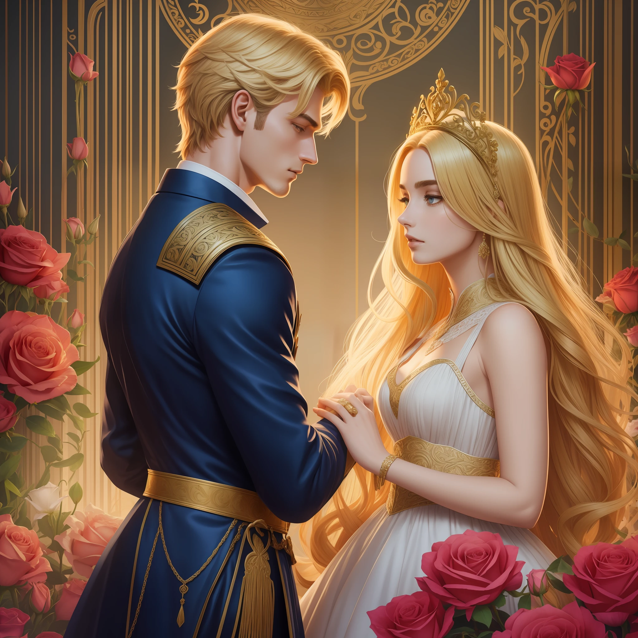 Casal se beija um home e uma mulher com muito carinho, the man Neels Visser is a prince who has golden blonde hair, wears a medieval military garb and is in love with the commoner, a mulher Lily Collins;, que tem cabelo preto moreno encaracolado e usa um vestido vermelho, Illustration of a novel book cover with a detailed background, liso, brilhante cheio de flores cobertas de hera e rosas vermelhas, castelo, Ornate dress standing on a bed of roses, Anel luminoso, dynamic lighting, ethereal lighting, ultra detalhe, arte conceitual, elegante, surreal, arte por Citemer Liu