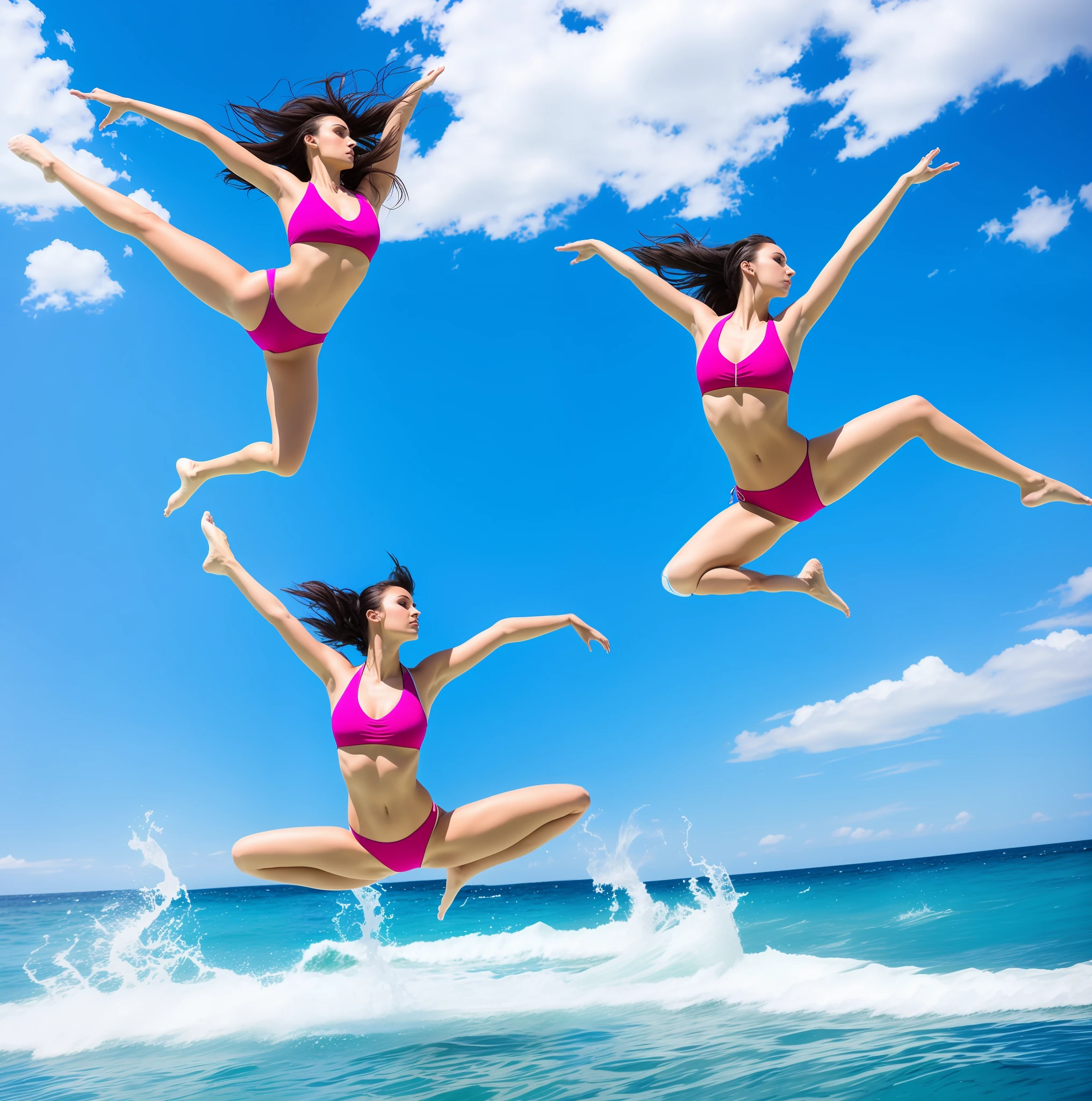 A woman alone in a bikini jumping in the air over the ocean, dynamic dance photography, em uma pose de flutuador de salto, athletic fashion photography, Pulando, dramatic floating pose, dramatic magic floating pose, Uma mulher flutua no ar, female dancer, Pulando no ar, contemporary dance, leaping with arms up, leaping towards viewer, modeling photography