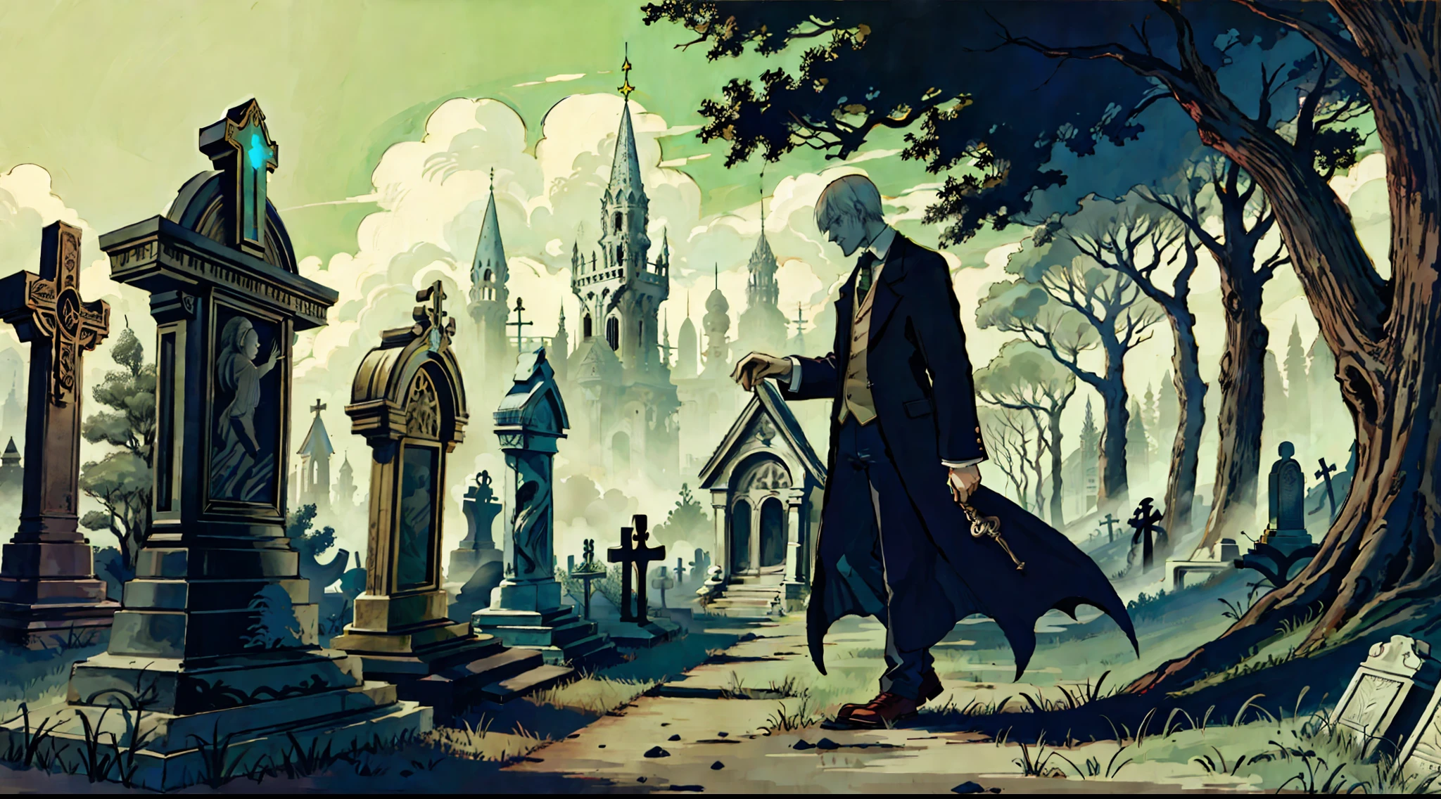 An elemental cryptid in an enchanting cemetery by Edward Gorey and Fritz Bleyl