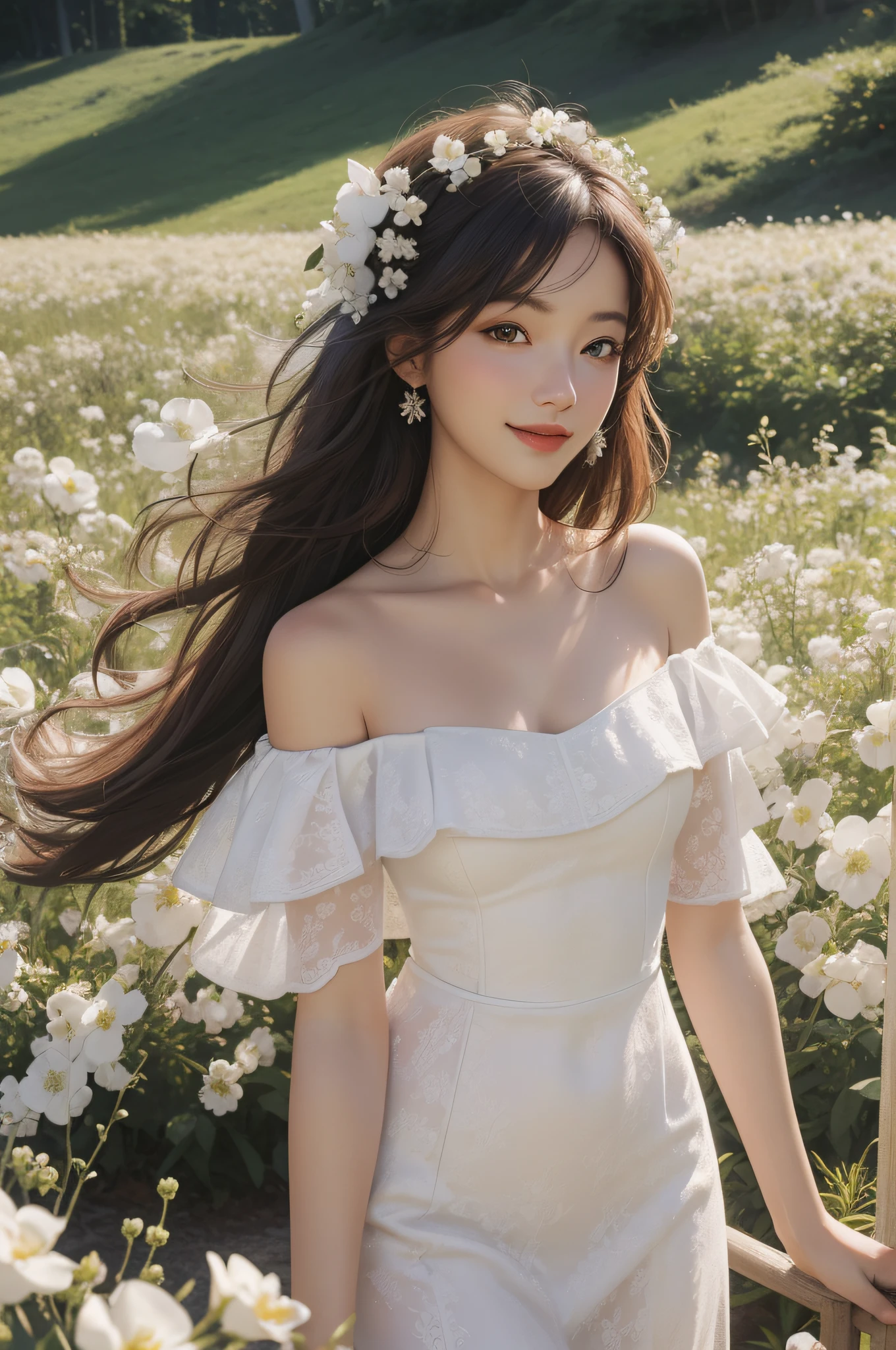 Best quality, masterpiece, ultra high res, (photorealistic:1.4), raw photo, 1girl, white dress, off shoulder, blossom flower field, glowing skin, light smile