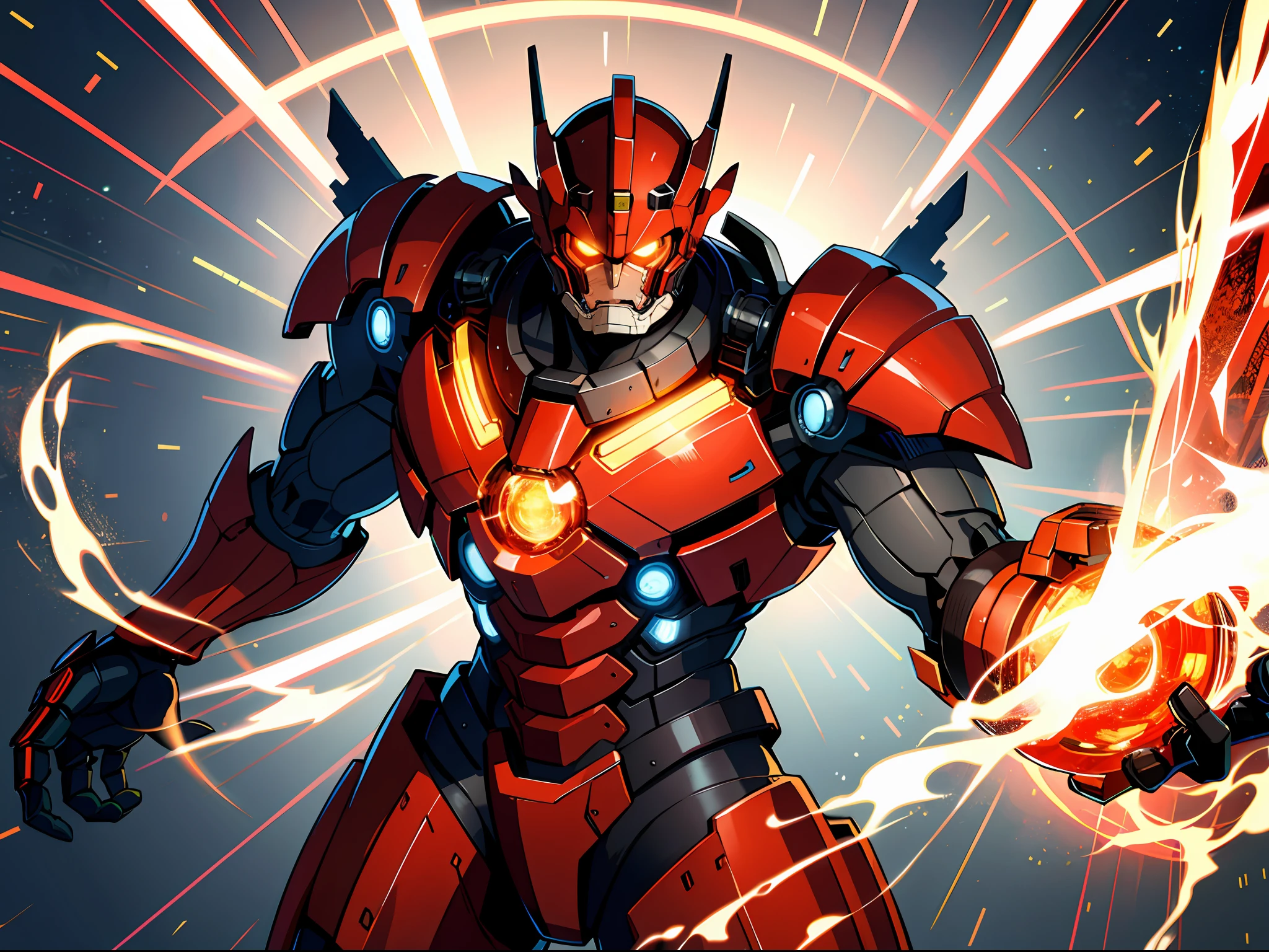 high resolusion,maximum quality,illustartion,Hyperdetailed,A mighty and domineering red giant mech,Pacific Rim,In his hand is a spar that radiates light