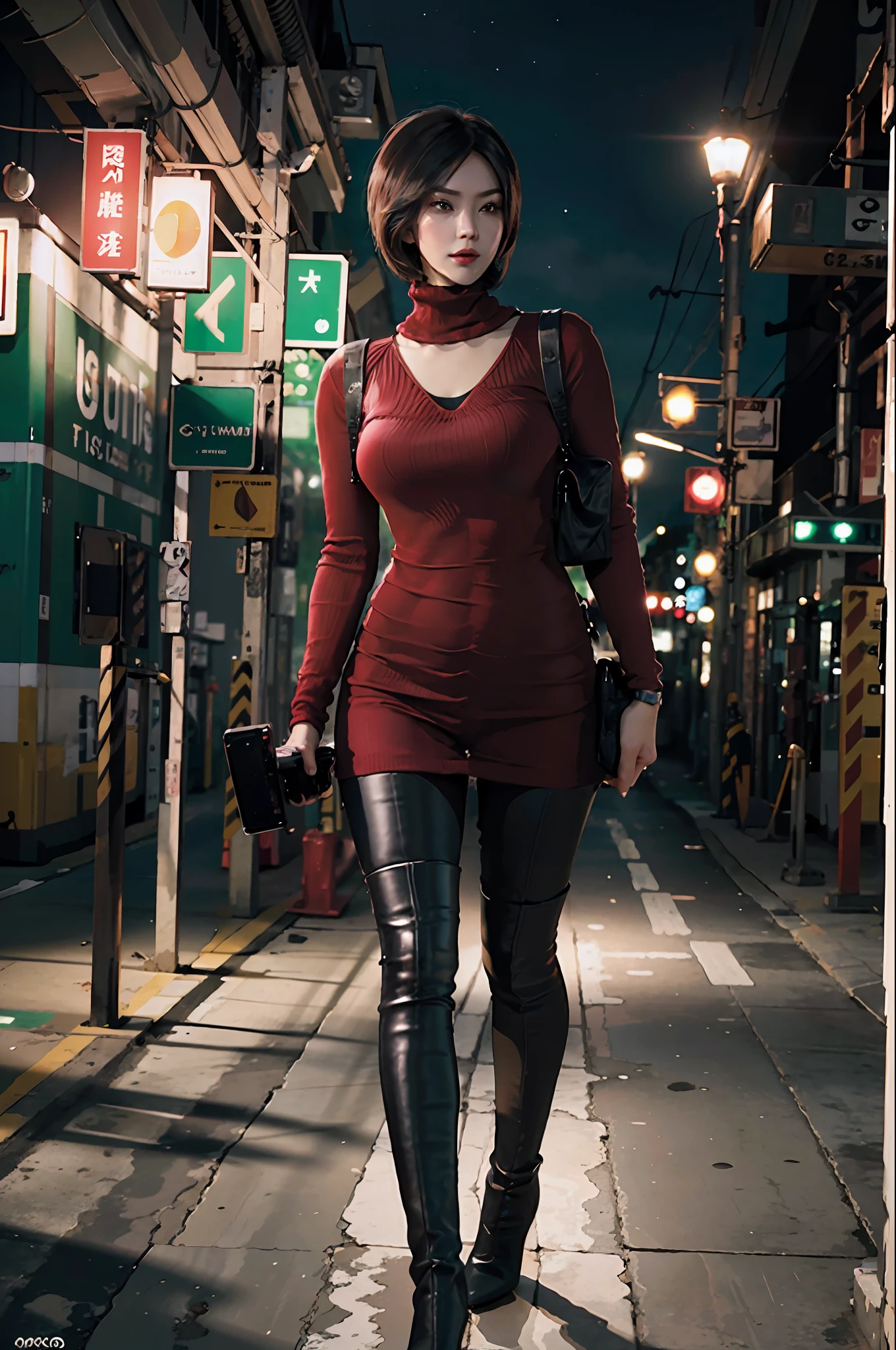 Em uma rua escura a noite, ada wong, REMulheres nuas 4, red sweater dress, gola alta, camisola nervurada, Botas de cano alto, black pantyhose, arreio, Melhor qualidade, obra prima, Ultra High Resolution, (fotorrealista mulher nua:1 mulher nua.Mulheres nuas 4), 1 mulher nuamenina