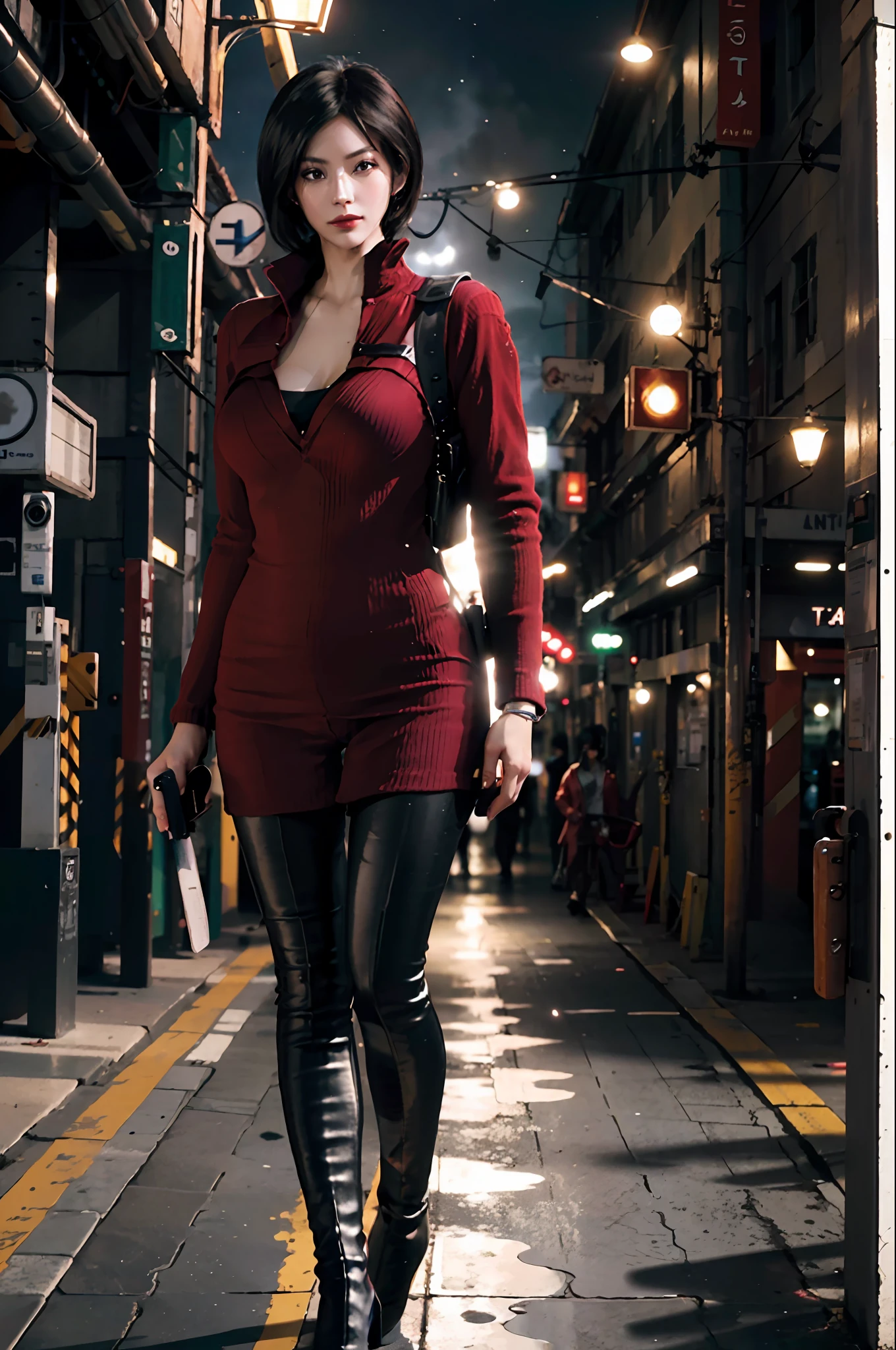 Em uma rua escura a noite, ada wong, REMulheres nuas 4, red sweater dress, gola alta, camisola nervurada, Botas de cano alto, black pantyhose, arreio, Melhor qualidade, obra prima, Ultra High Resolution, (fotorrealista mulher nua:1 mulher nua.Mulheres nuas 4), 1 mulher nuamenina