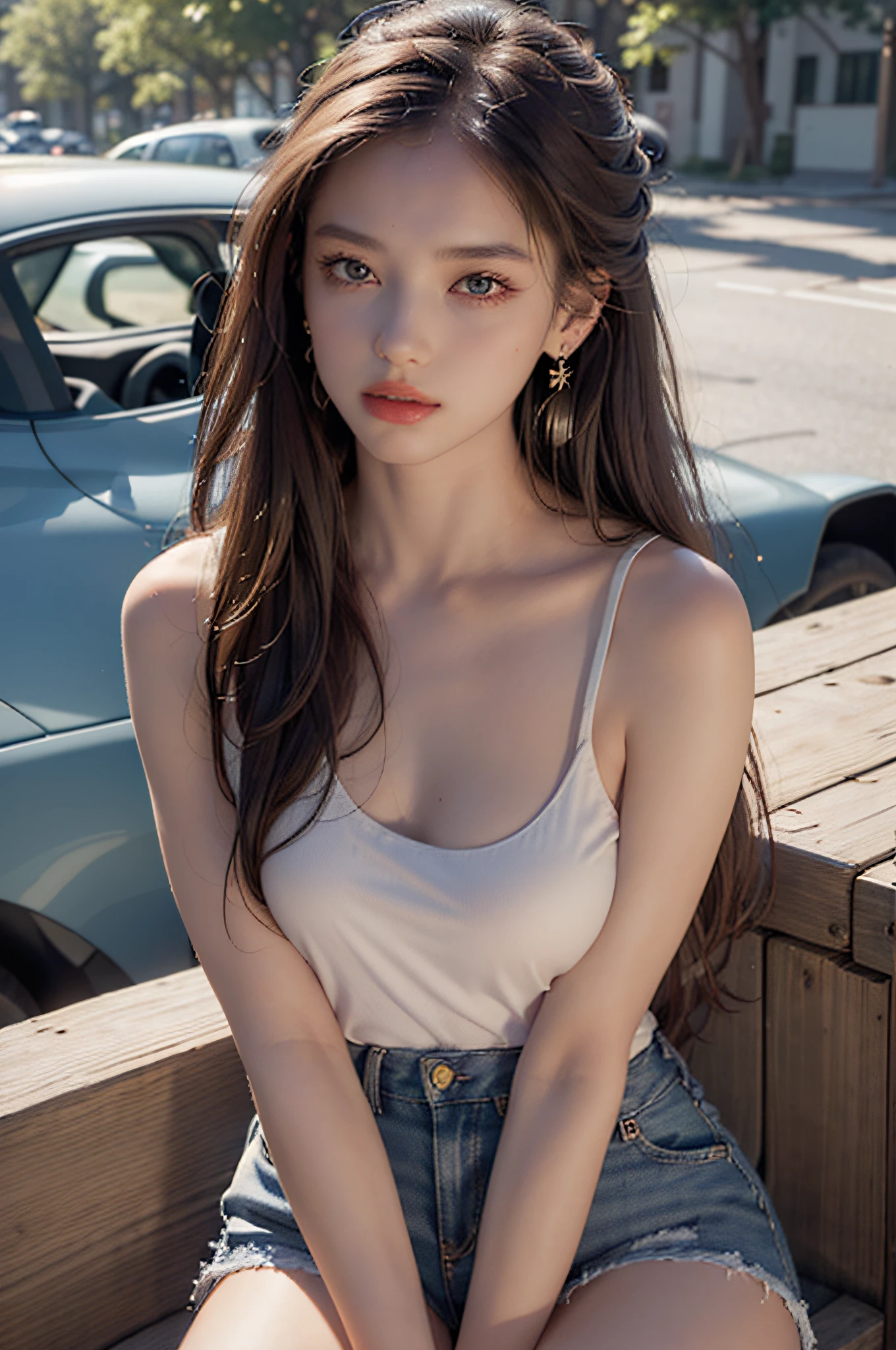Best quality, masterpiece, super high resolution, (realistic: 1.4), original photo, (evening street), 1 girl, black eyes, looking at the audience, long hair, light makeup, lips, small ears, white t-shirt, denim shorts, earrings, sitting Ferrari, big breasts, slim