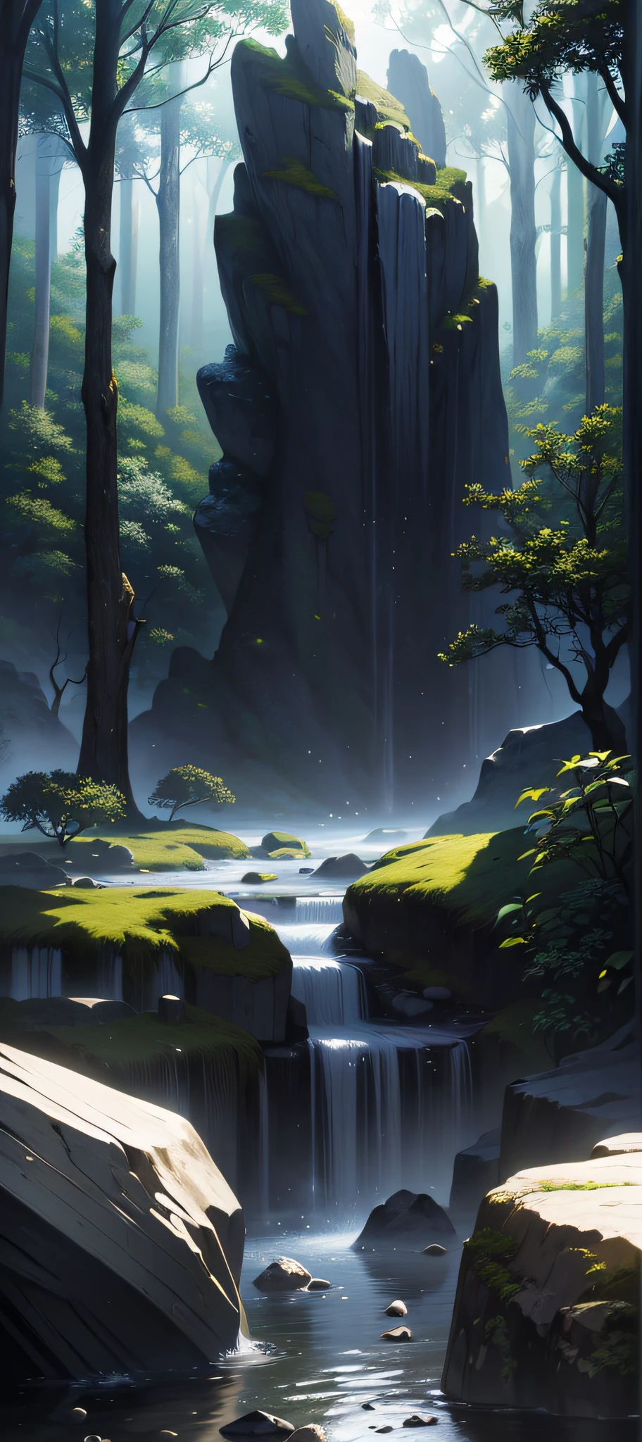 (Masterpiece, Best Quality, High Quality, Highres:1.4), Detailed, Extremely Detailed, Ambient Soft Lighting, 4K,Blurry, Blurry Background, Depth of Field, Bokeh, DOF, Fog, Bloom
Outdoors, (Nature, fantasy forest:1.2), (Rocks:1.2), sunny, sunlight, sunbeam, extreme terrain
