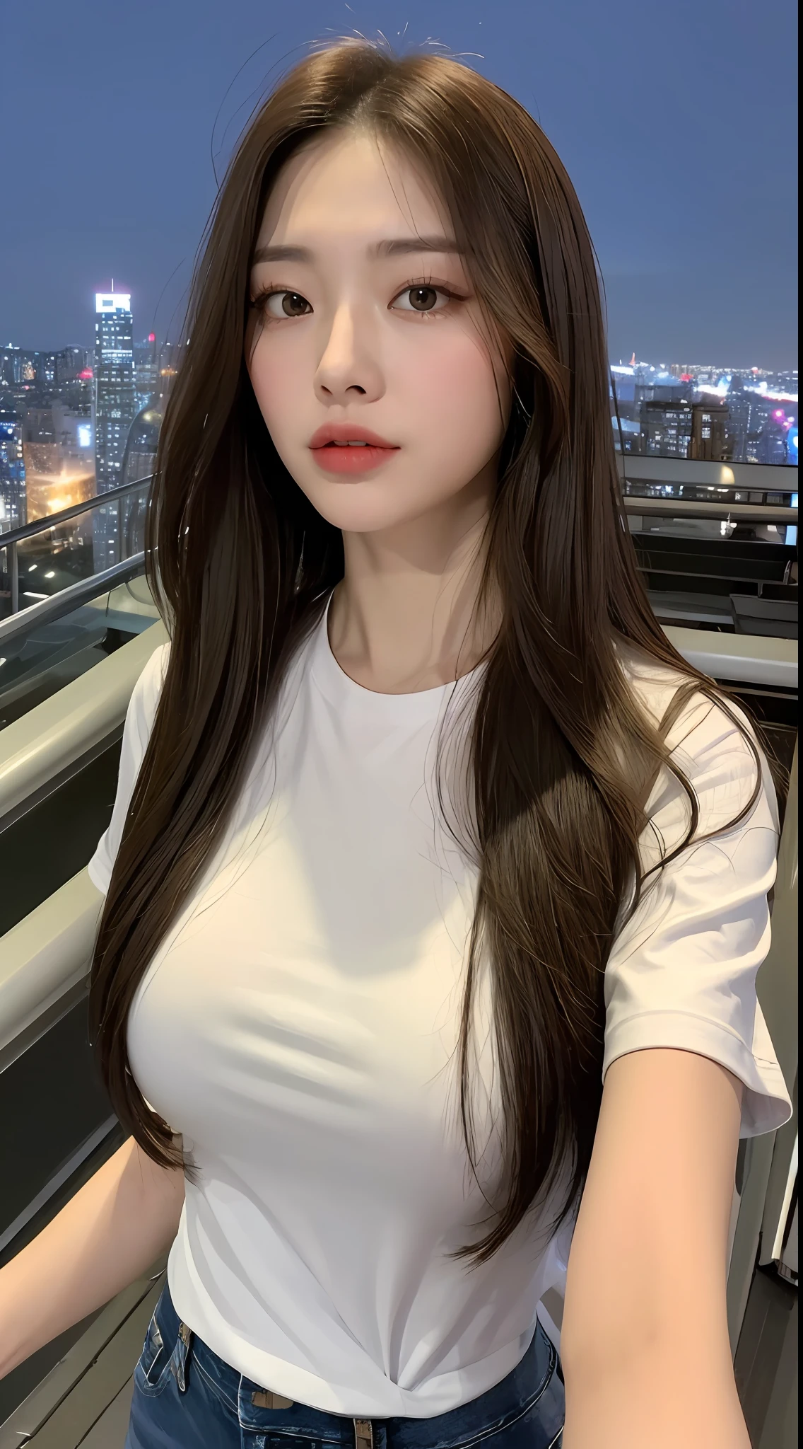 ((Midnight, Best quality, 8k, Masterpiece :1.3)), Whole body, Long legs, Sharp focus :1.2, A pretty woman with perfect figure :1.4, Slender abs :1.1, ((Dark brown hair,Gigantic breasts :1.2)), (White tight tshirt, Jean bib, Standing:1.2), ((Night city view, Rooftop:1.3)), Highly detailed face and skin texture, Detailed eyes, Double eyelid