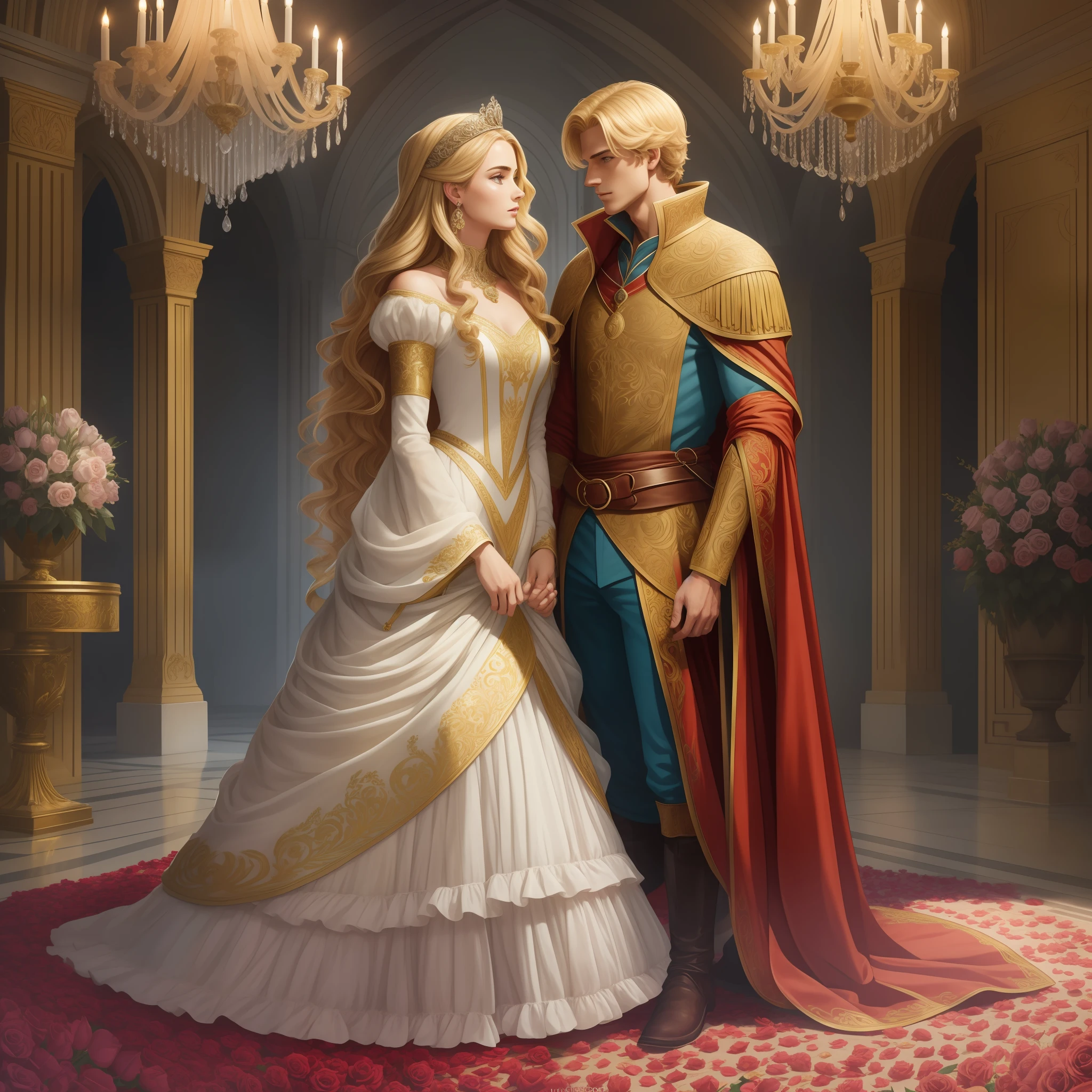 Casal se beija um home e uma mulher com muito carinho, the man Neels Visser is a prince who has golden blonde hair, wears a medieval military garb and is in love with the commoner, a mulher Lily Collins;, que tem cabelo preto moreno encaracolado e usa um vestido vermelho, Illustration of a novel book cover with a detailed background, liso, brilhante cheio de flores cobertas de hera e rosas vermelhas, castelo, Ornate dress standing on a bed of roses, Anel luminoso, dynamic lighting, ethereal lighting, ultra detalhe, arte conceitual, elegante, surreal, arte por Citemer Liu