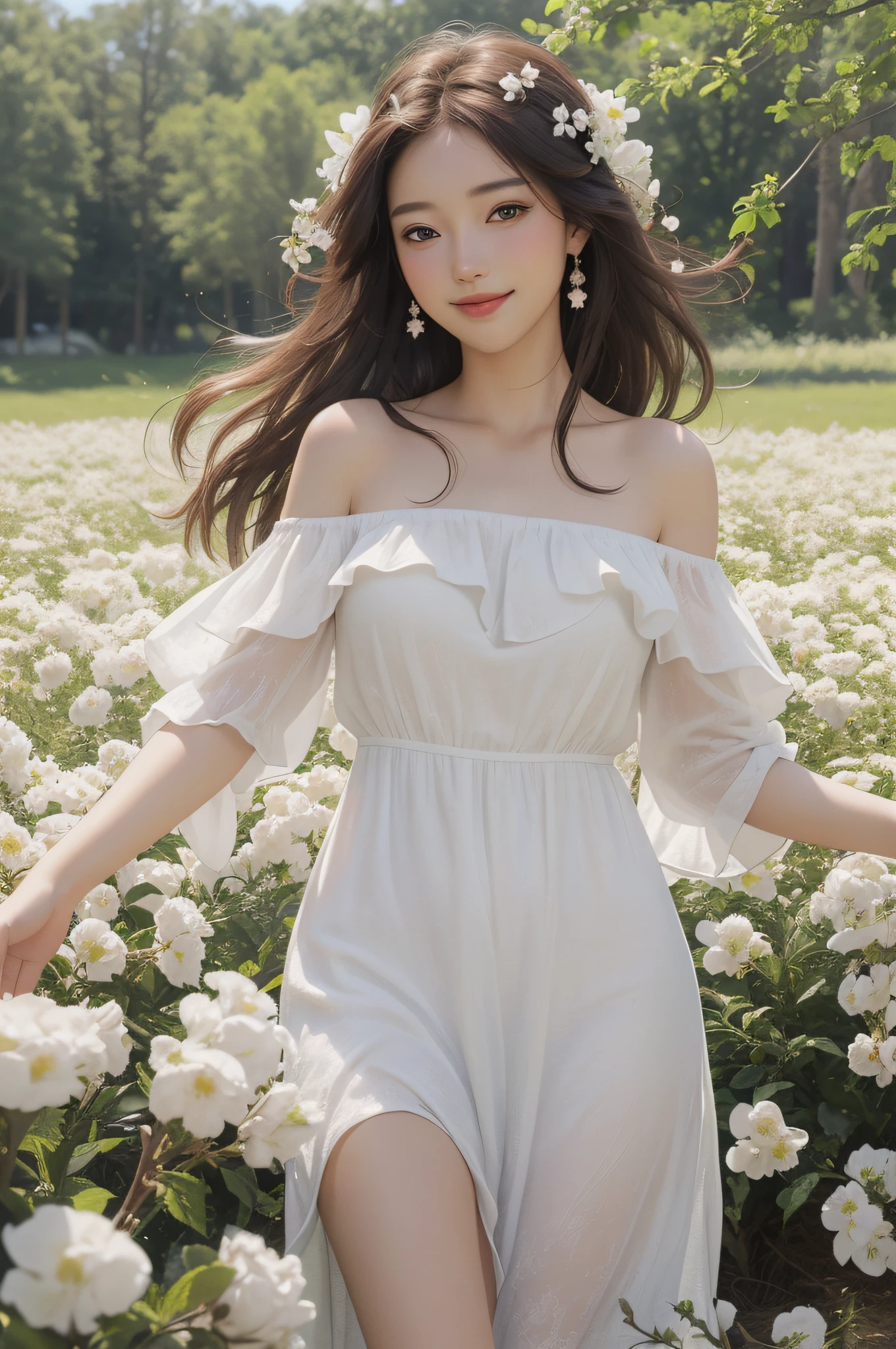 Best quality, masterpiece, ultra high res, (photorealistic:1.4), raw photo, 1girl, white dress, off shoulder, blossom flower field, glowing skin, light smile