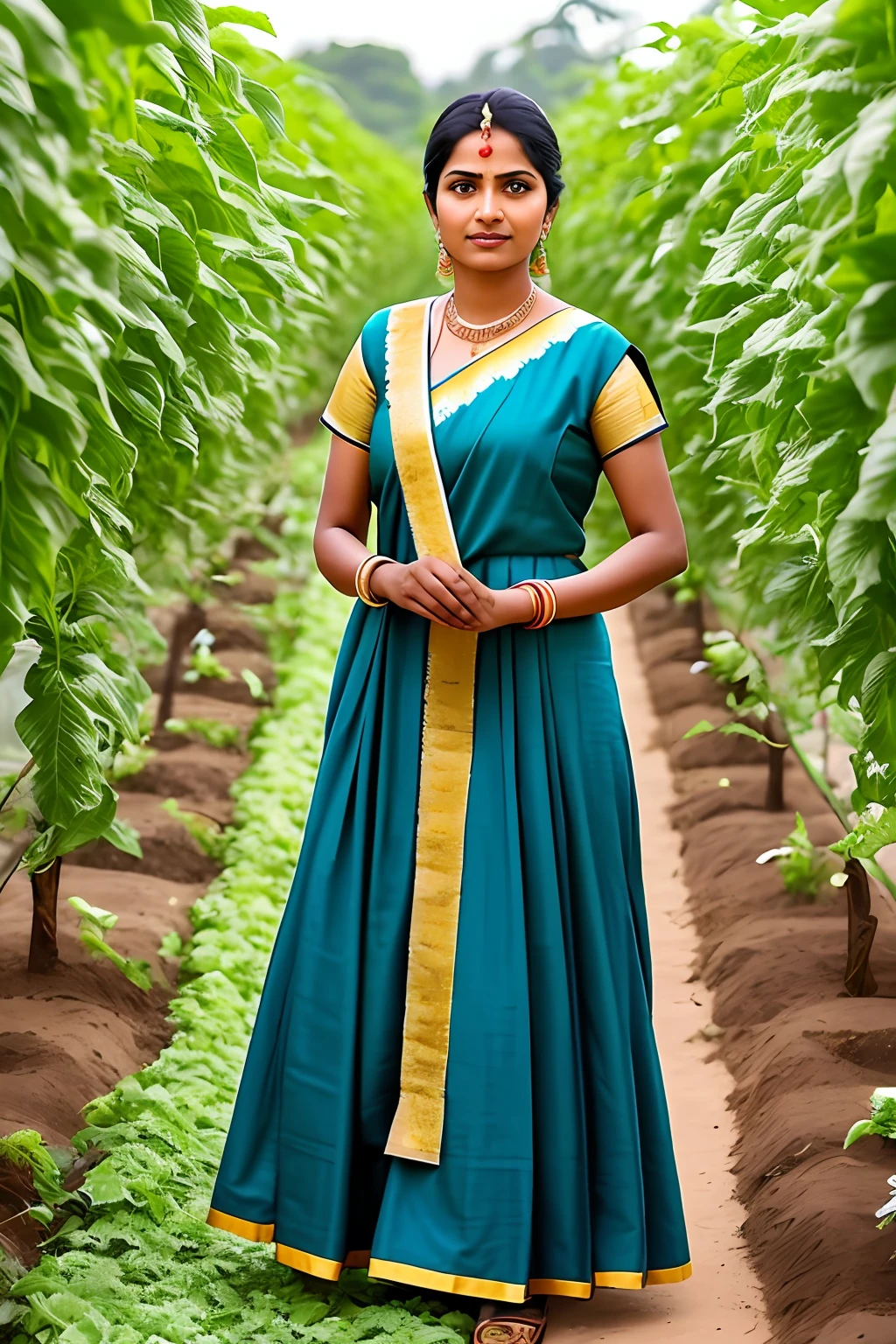 Picture a confident Indian woman, elegantly dressed in traditional attire, standing near a vegetable garden. She is expertly pruning plants, her hands delicately shaping the foliage, symbolizing the nurturing aspect of agriculture.