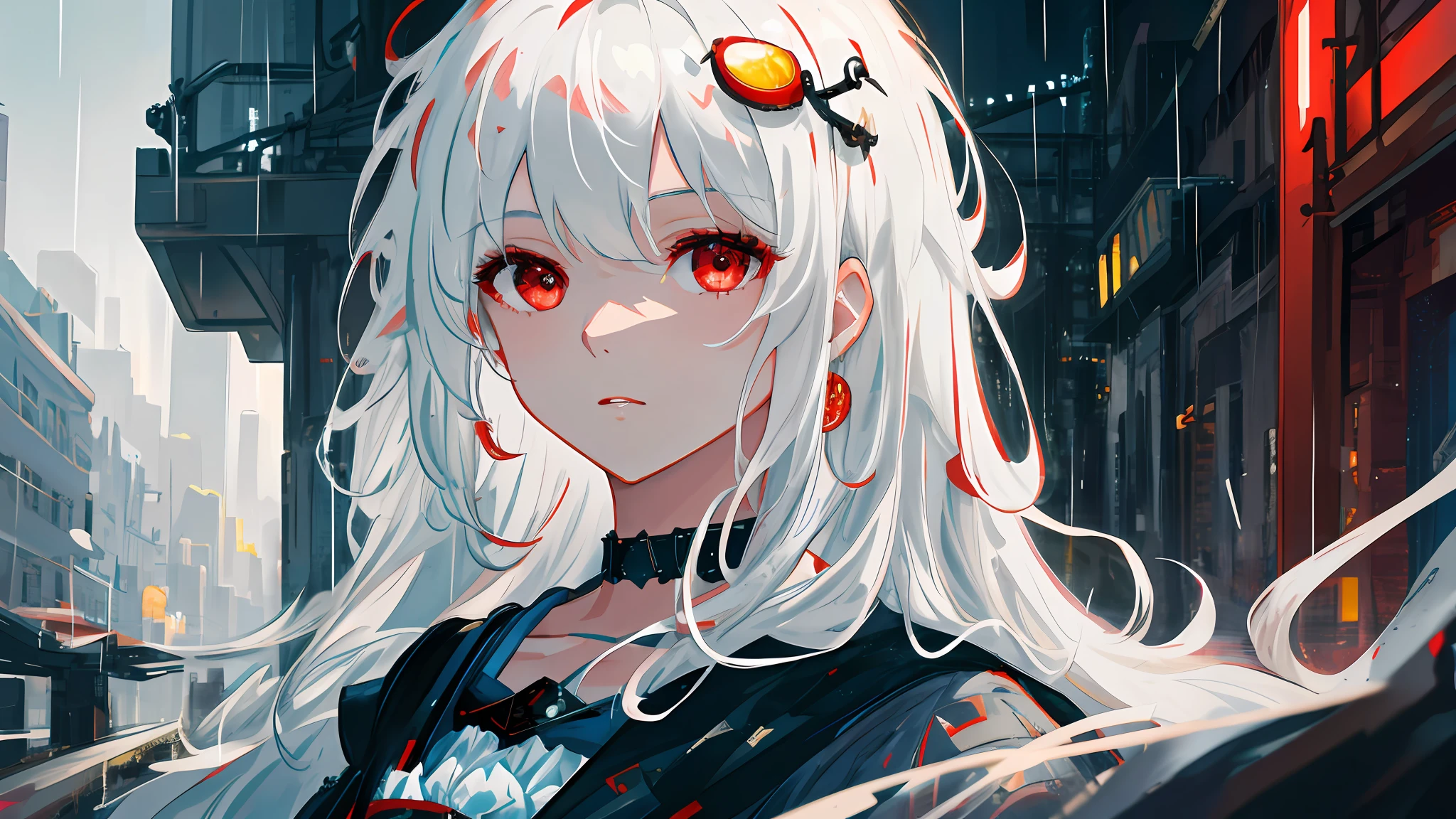 masterpiece, best quality, extremely detailed, cinematic lightning, intricate detail, highres, official art, finely detailed beautiful face and eyes, high resolution illustration, 8k, depth of field, bokeh, solo, 1girl, a girl with white hair and red eyes, long white hair, beautiful red eyes, beautiful landscape, rainy city, upper body, looking at viewer, close up