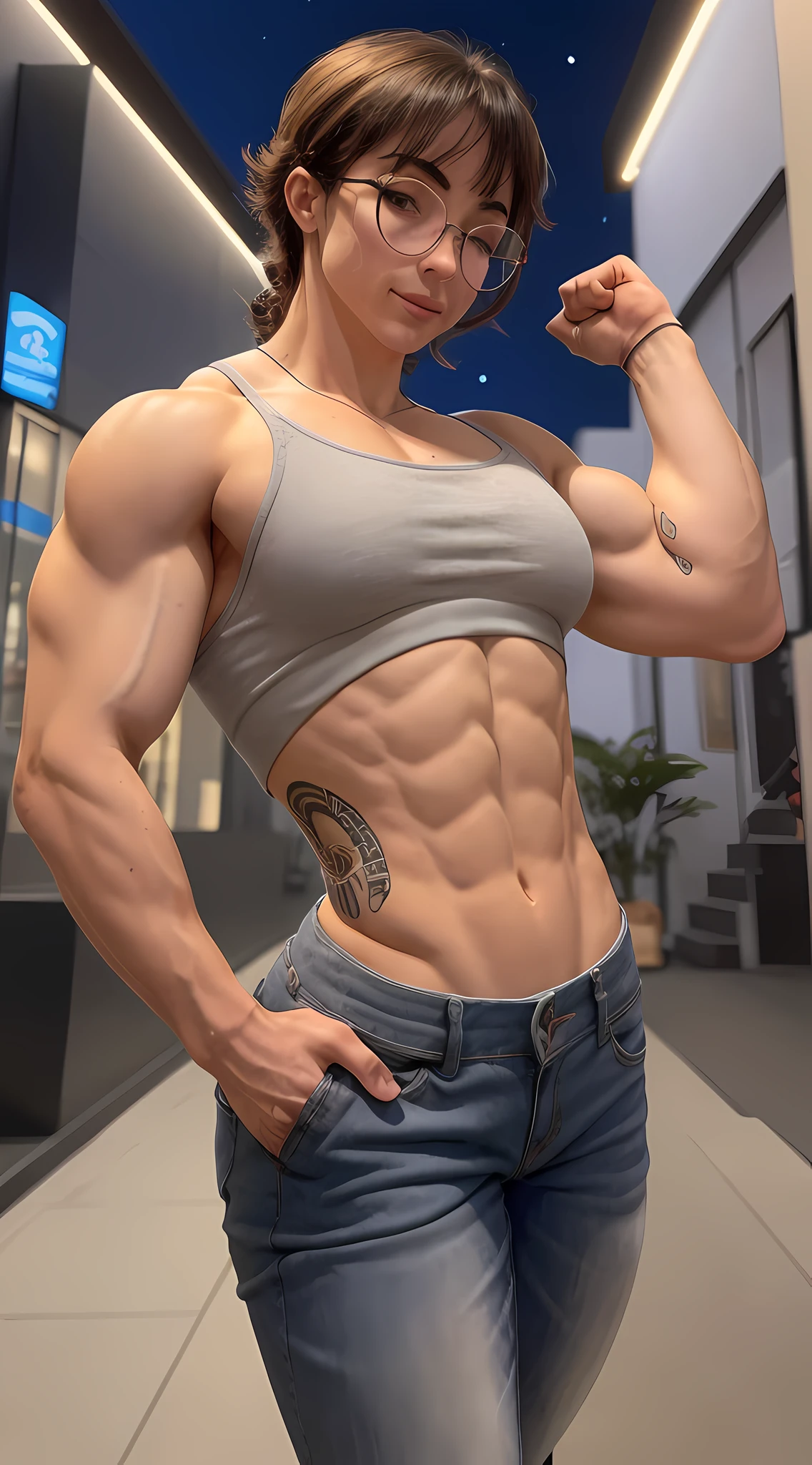 Americana ,Woman blouses and grey winter pants , showing muscles , Posar e flexionar, Corpo inteiro , corpo musculoso, bob cortou pixie longo , oculos fundo de garrafa grande , showing off biceps, body is strong and upright, ,feminino e muscular, muscles, Flexionando, strong arms, tiro no meio do corpo, magro, mas musculoso, magro e musculoso , caminhando pela cidade a noite .