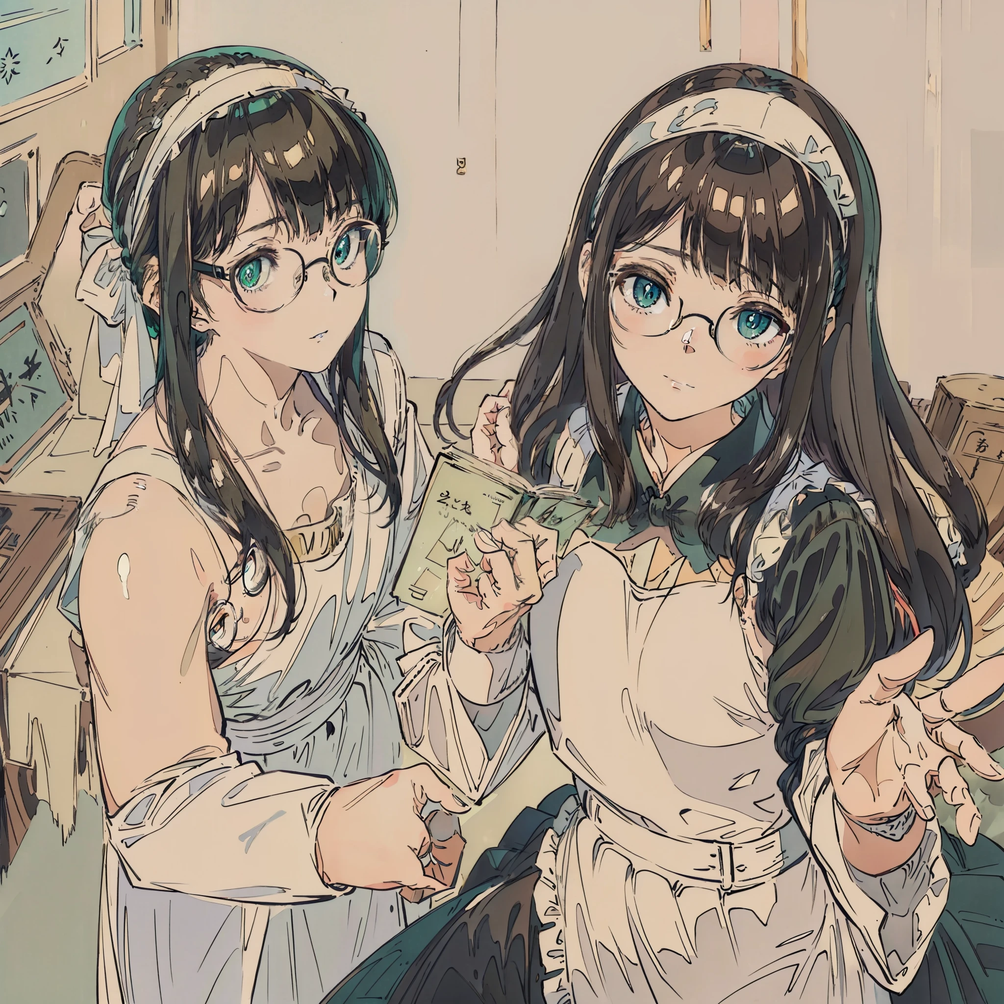 The maiden、Maid clothes mixed with black and white、library、Pick up a book、Reading、White ruffled headband、Black、Rimmed black glasses、Window with garden view、１People are naked eyes、Black hair、Long、Twintails、green eyes、Brown eyes