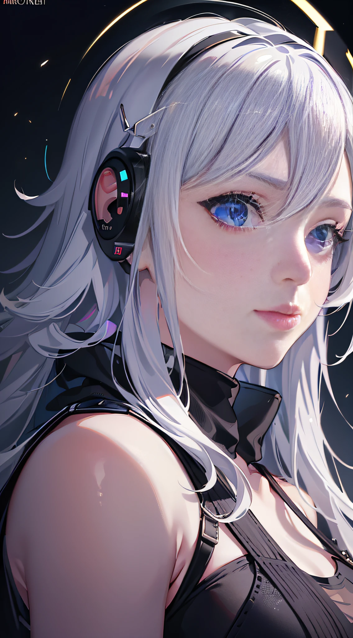 (masterpiece, sidelighting, finely detailed beautiful eyes: 1.2), (on the moon, space, looking back into earth), white hair, black tank top, volumetric lighting, white jacket, glowing headphone, cyberpunk, futuristic, multi-color eyes, detailed eyes, hyper detailed,light smile, highly detailed, beautiful, small details, ultra detailed, best quality, intricate, hyperrealism, sharp, digital illustration, detailed, realism, intricate, 4k, 8k, trending on artstation, good anatomy, beautiful lighting, award-winning, photorealistic, realistic shadows, realistic lighting, beautiful lighting, raytracing, intricate details, moody, rule of thirds, masterpiece, (illustration:1.1), highres, (extremely detailed CG, unity, 8k wallpaper:1.1), beautiful face, highly detailed face, ultra realistic, masterpiece, bokeh, extremely detailed, intricate, zoomout, colorful, vibrant colors, red nail polish, side view,