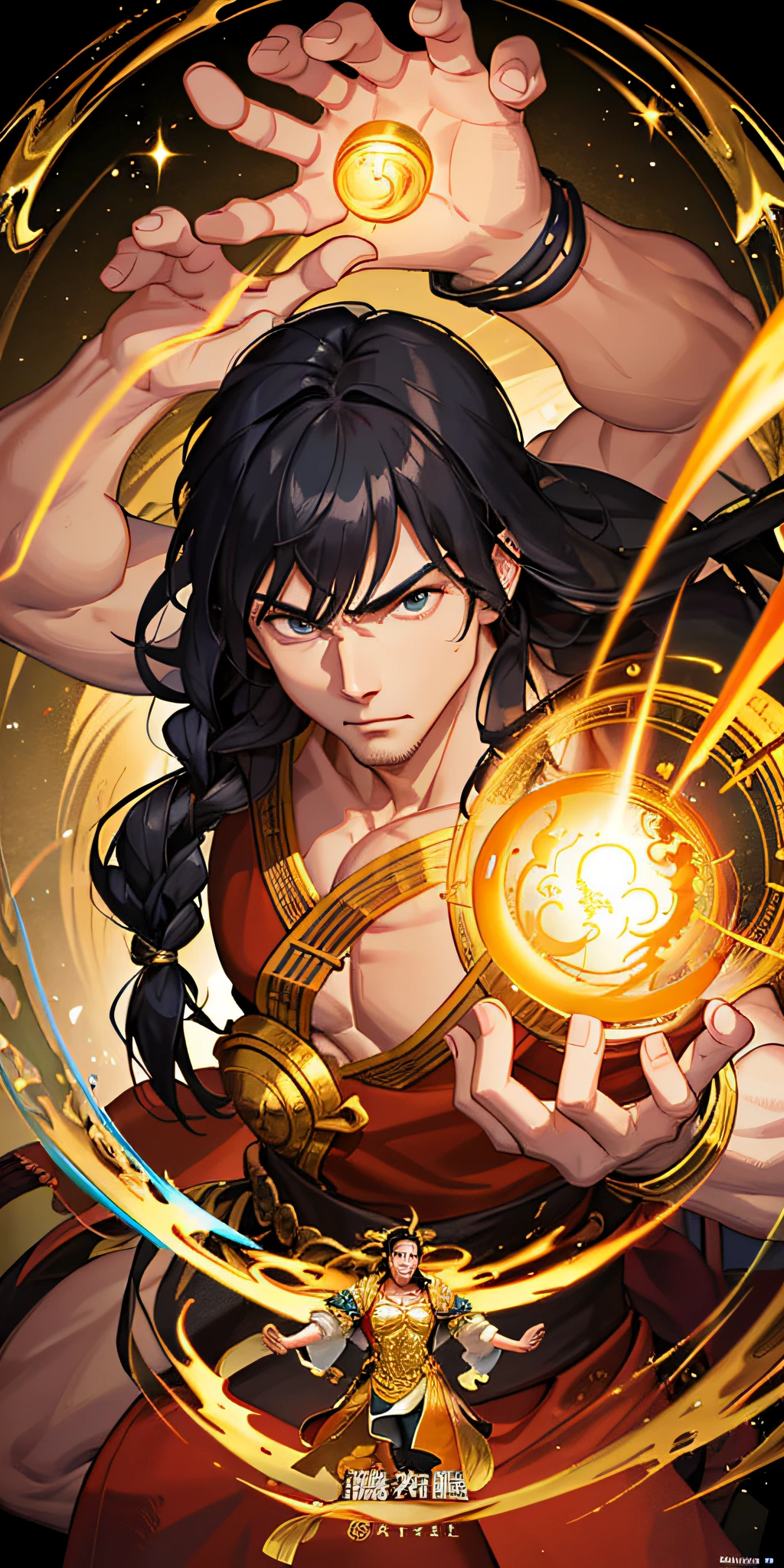 This is a carefully crafted, intricate fantasy portrait depicting a strong and determined middle-aged male kung fu monk with a huge golden goddess behind him and shiny black hair.