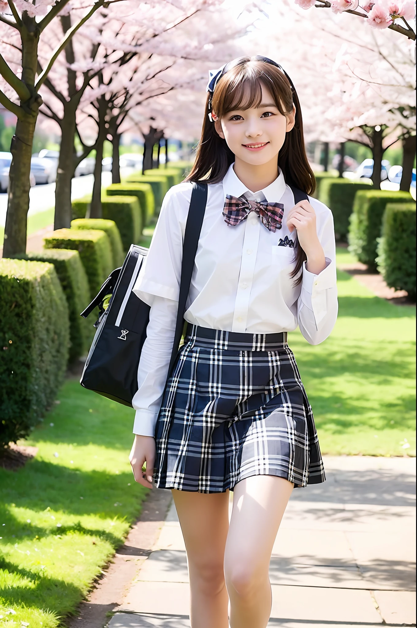 ((Girl in short school skirt with plaid and plaid bow tie and white Y-shirt)) ,10 generations,smile face,(Boy in school uniform) ,Walking hand in hand with a student bag,sunny,Cherry blossom tree-lined path