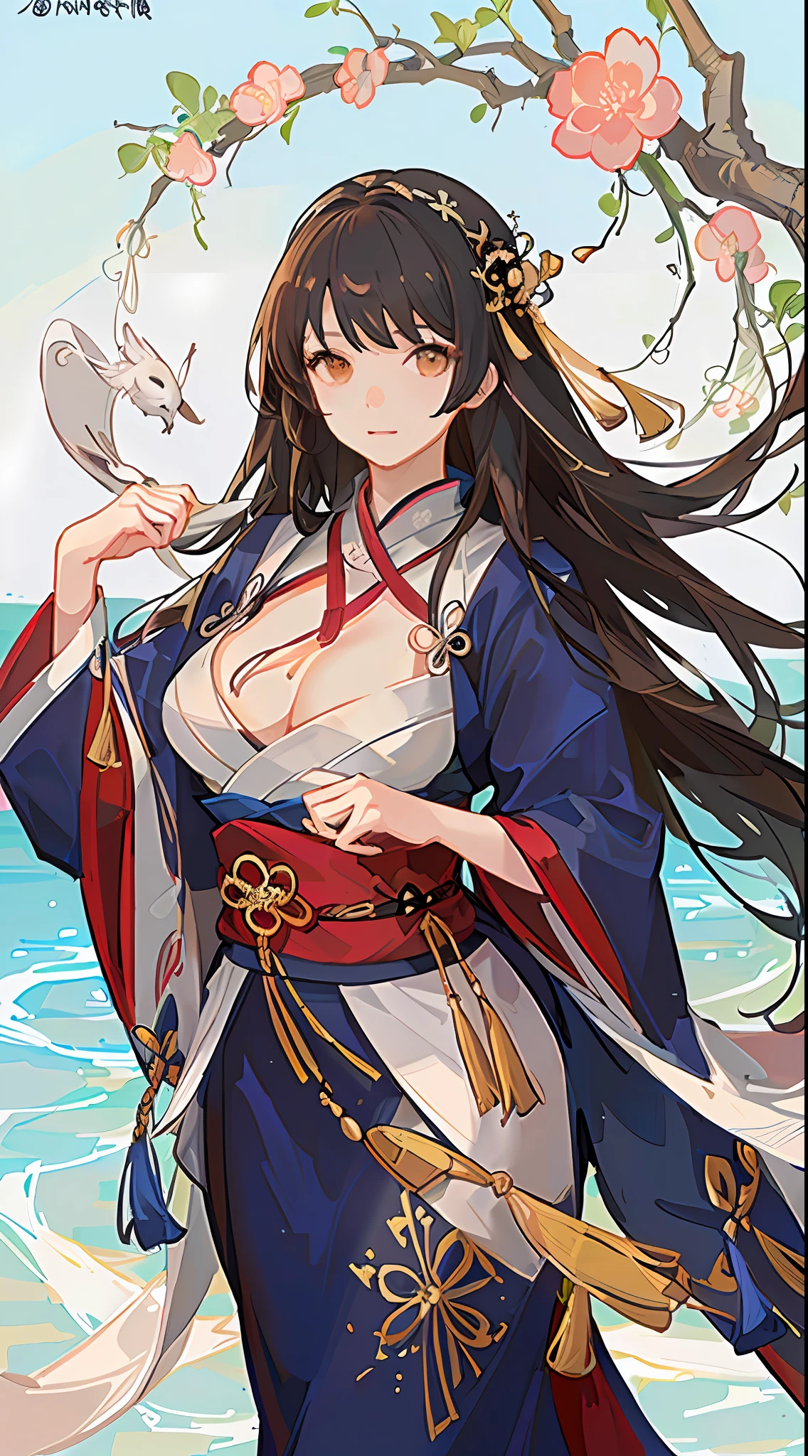 tgirls,All over body,(Face details:1.2),a masterpiece,stylish,Hanfu,,Middle hair,morena,Double tail,Qi bangs,Brown eyes,huge