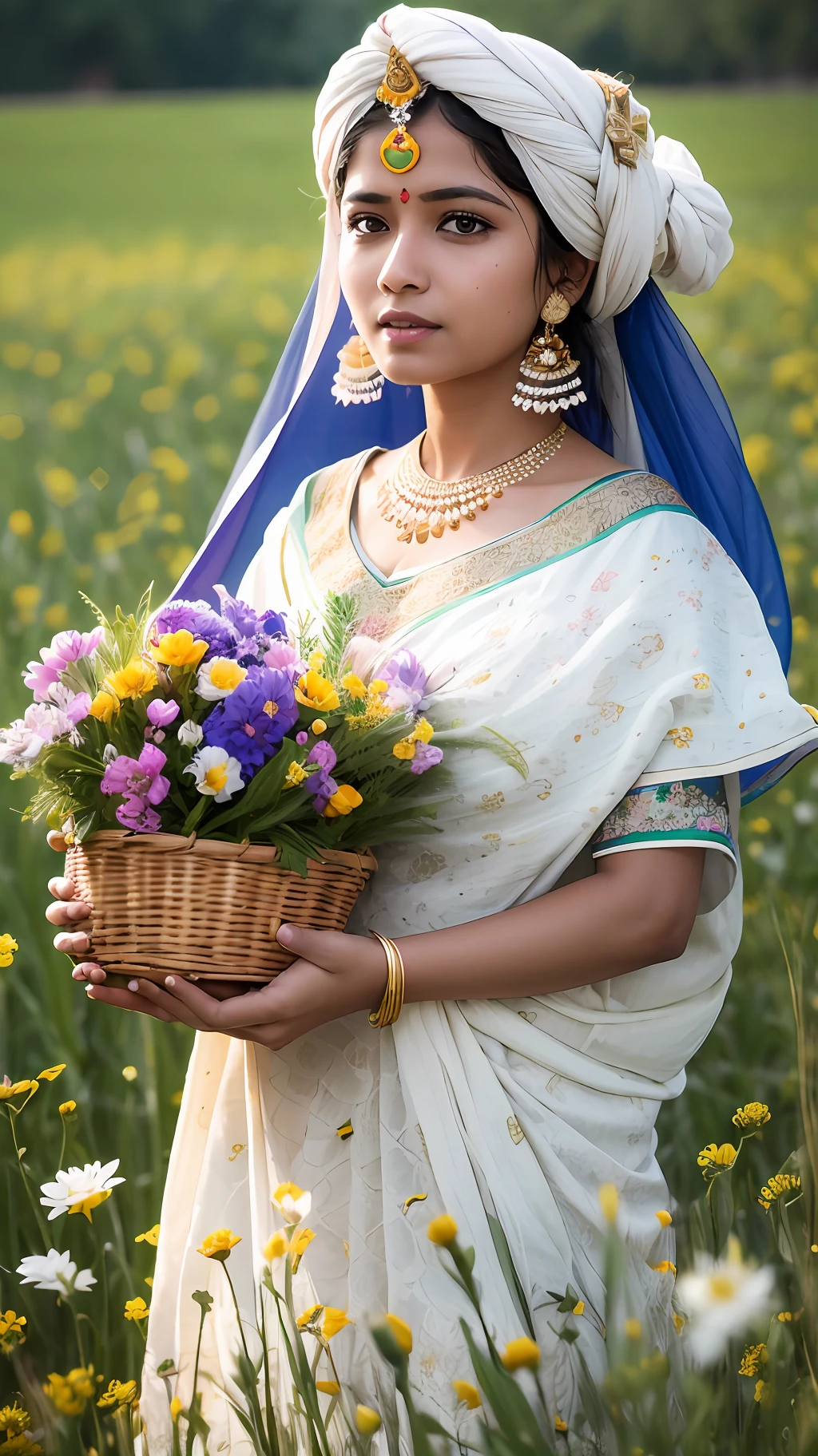 Showcase an Indian woman dressed in traditional garments, gracefully tending to a field of blooming flowers. With a basket on her arm, she is meticulously hand-pollinating the flowers, emphasizing the importance of pollination in agriculture. --auto --s2
