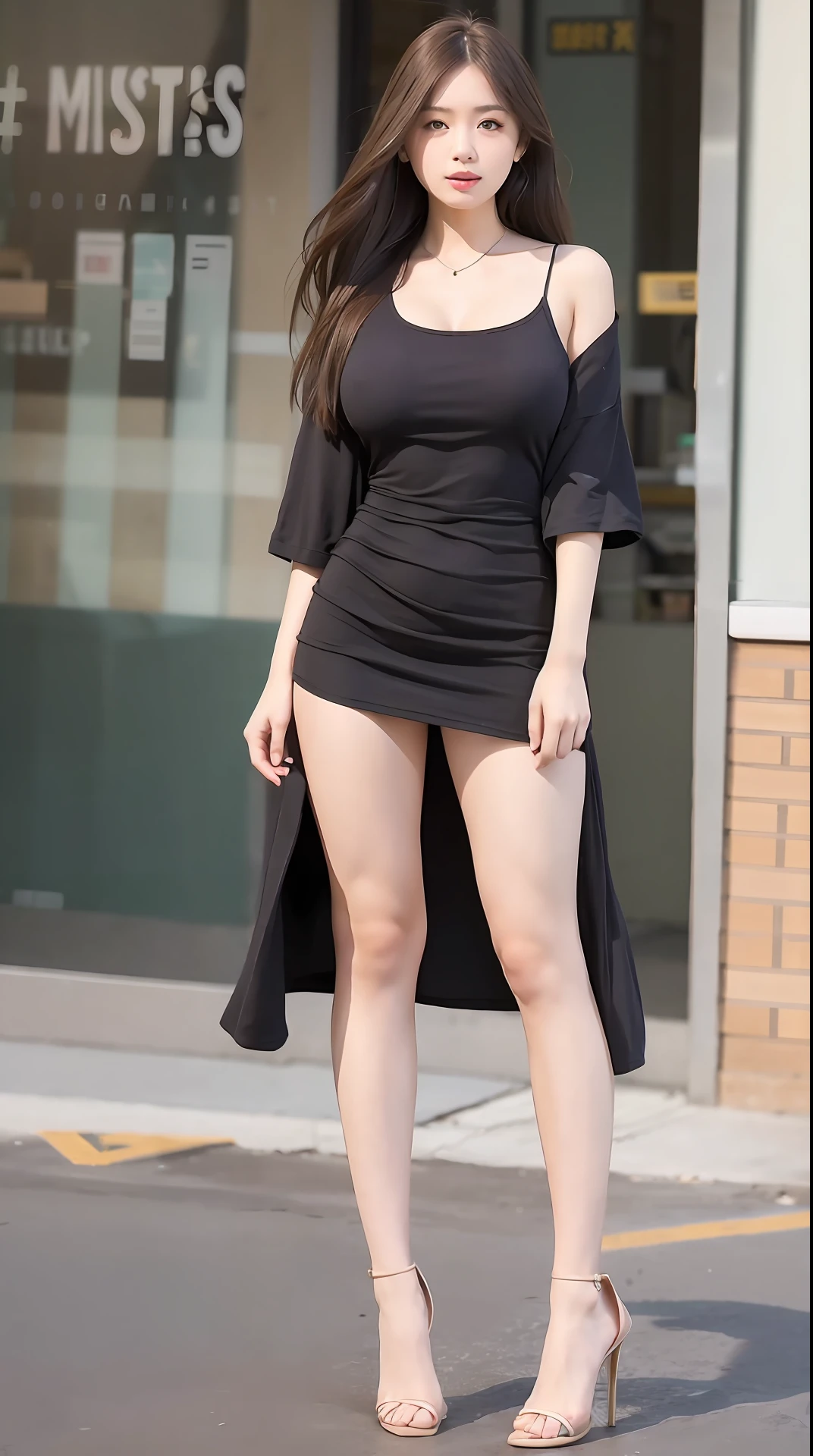 mix4, 20d, solo, long_hair, shirt, dress, high_heels,full_body, look_at_viewer, (8k, RAW photo, best quality, mastery:1.2), (realistic, photo-realistic:1.37), professional lighting, photon mapping, Radiosity,physical based rendering，（Giant breasts：1.3)