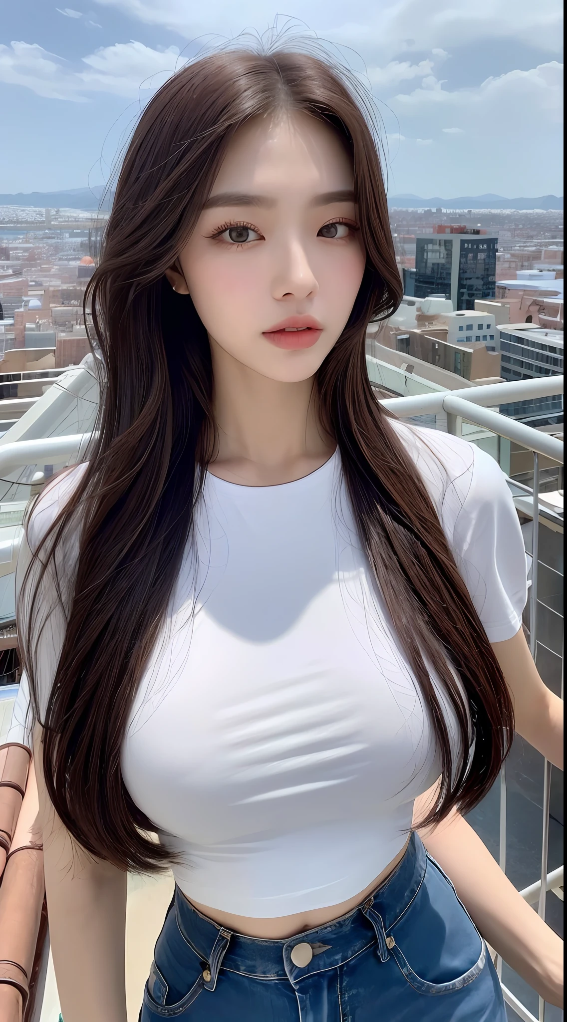 ((Midnight, Best quality, 8k, Masterpiece :1.3)), Whole body, Long legs, Sharp focus :1.2, A pretty woman with perfect figure :1.4, Slender abs :1.1, ((Dark brown hair,Gigantic breasts :1.2)), (White tight tshirt, Jean bib, Standing:1.2), ((Night city view, Rooftop:1.3)), Highly detailed face and skin texture, Detailed eyes, Double eyelid