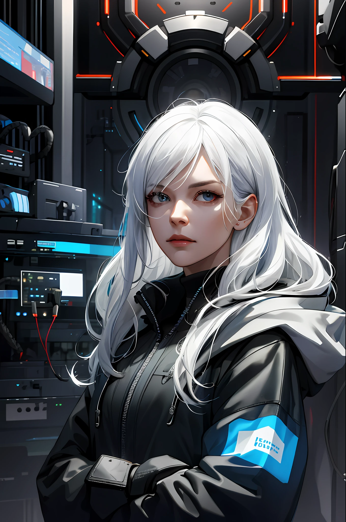 (absurdres, highres, ultra detailed), 1woman, mature female, aged up, wavy long hair, white hair, black eyes, bangs, long sleeves, finely detailed eyes and detailed face, extremely detailed CG unity 8k wallpaper, intricate details, portrait, looking at viewer, solo, (full body:0.6), detailed background, detailed face, (matrix theme:1.1) evil high-tech futuristic hacker,  advanced technology, hoodie, techwear, wearable device, keycard, cables, head-up display, blue (holographic display:1.05), access granted,   cybersecurity, server room in background, orange lights,  dark sinister atmosphere, , portrait, wind swirling