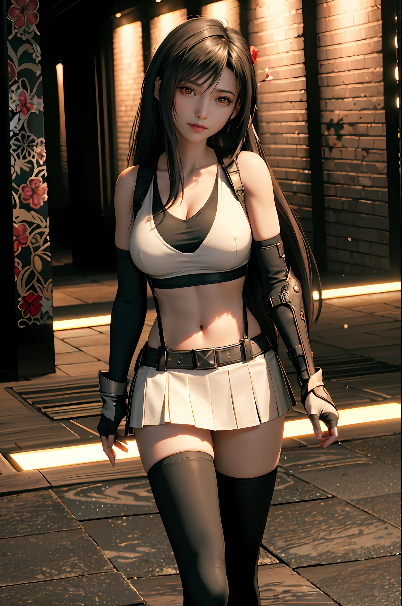 (8k、highest quality、MASTERPIECE:1.2)、(Realistic、photorealistic:1.3 of 7)、Super Detailed、girl 1 person、cutest、solo、、(tifa lockheart)、(big chest)、(((huge tit)))、(((Shift clothes to show bra)))、(((a black bra)))、(beautiful eye)、(a smiling look:1.2)、(Closed)、erotic pose、dance、neons、street scenery、Depth Of Field、Dark and strong shadows、Sharp focus、auto、motion blur、bike、Depth Of Field、composition、Glowing green light、Final Fantasy VII、tool、(nose blush)、Single Elbow Pad、Ankle Boots、dark black hair、black thigh、red boots、Elbow Gloves、Elbow pads、Fingerless Gloves、Taut Shirt、sports bra、(suspenders,)Black Skirt)、thights、white tank top、All over body、head rest、Lips、Facial、Low Tai Long Hair、(red_Ojo))、Yellow flowers、(night:1.3)、Complex、Bokeh、Cinematic Lighting、Photon mapping、Radiosity、physically based rendering、(Tetsuya Nomura Style)、NSFW、Perfect Breast