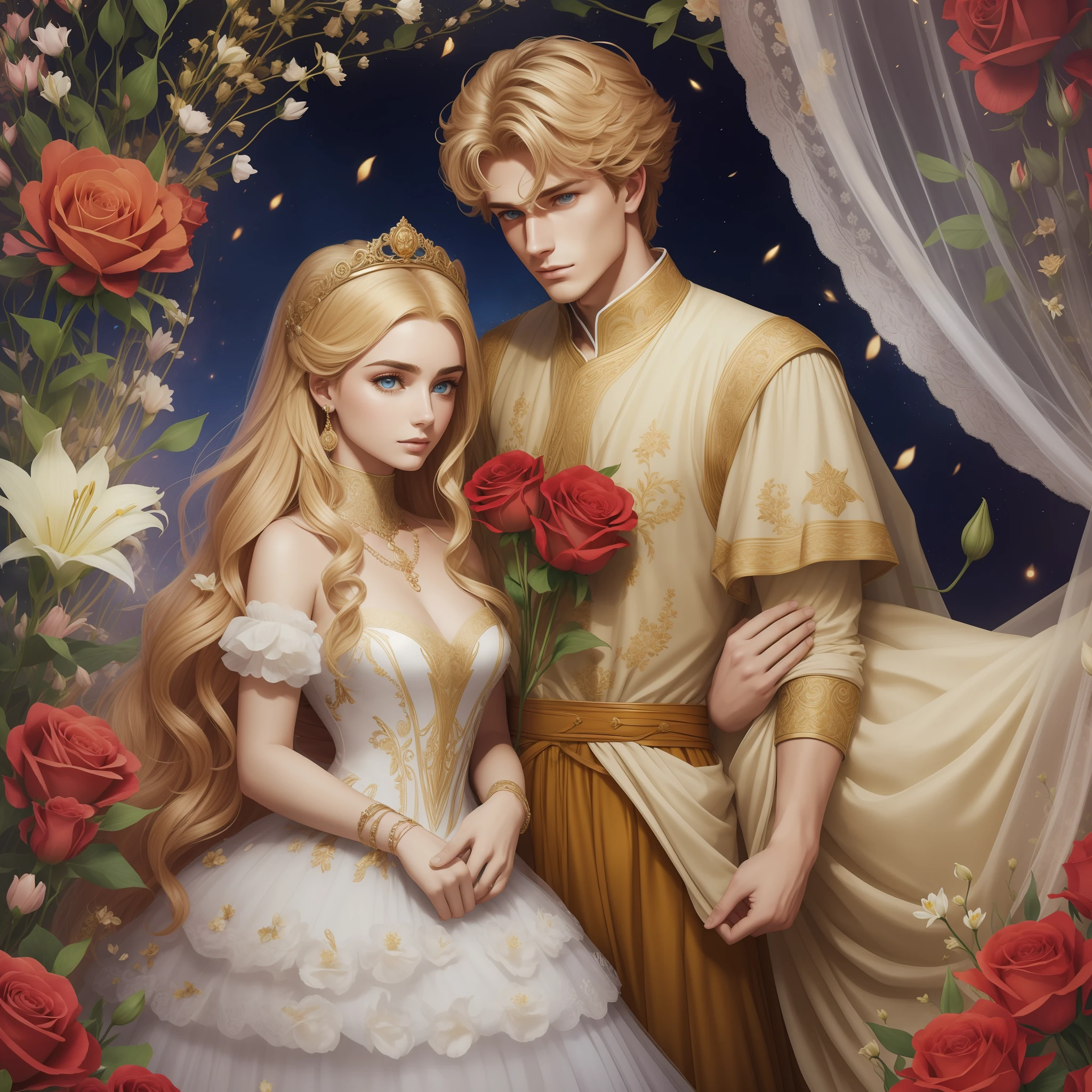 Casal se beija um home e uma mulher com muito carinho, the man Neels Visser is a prince who has golden blonde hair, wears a medieval military garb and is in love with the commoner, a mulher Lily Collins;, que tem cabelo preto moreno encaracolado e usa um vestido vermelho, Illustration of a novel book cover with a detailed background, liso, brilhante cheio de flores cobertas de hera e rosas vermelhas, castelo, Ornate dress standing on a bed of roses, Anel luminoso, dynamic lighting, ethereal lighting, ultra detalhe, arte conceitual, elegante, surreal, arte por Samyang