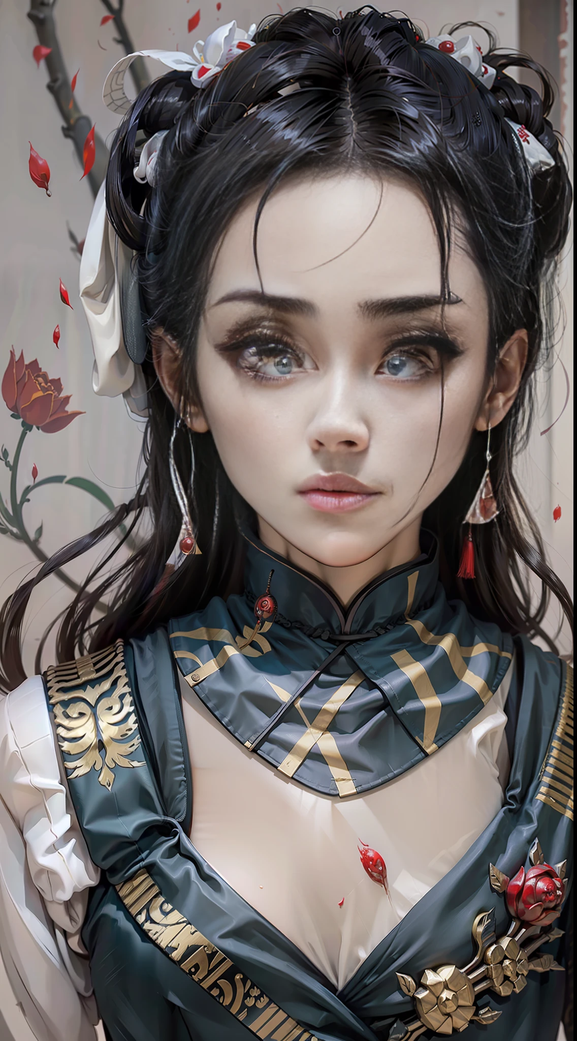 Best Quality, Masterpiece, Ultra Detail, Extreme Detail, 8k Wallpaper, Realistic Details, Lighting, Dynamic Angle, World Mastery Theater, Best Quality, Extremely Delicate Beautiful Girl, Perfect Face, Delicate Facial Features, Perfect Hands, Delicate Eyelashes, Delicate Eyes, Ancient Chinese Hairstyle, Peking Opera, Horror, Spooky Atmosphere, Darkness, Red Lantern, Spirit Rune, Puppet Body, Messy Study, Blood Stains, Busts, Melancholy Expression, Really sad, The expression on her face was painful, With black hair, Tears ran down his cheeks, the expression on his face was really painful, very sad eyes, small laughter, blood tears, rose petals, red candles, looking sideways