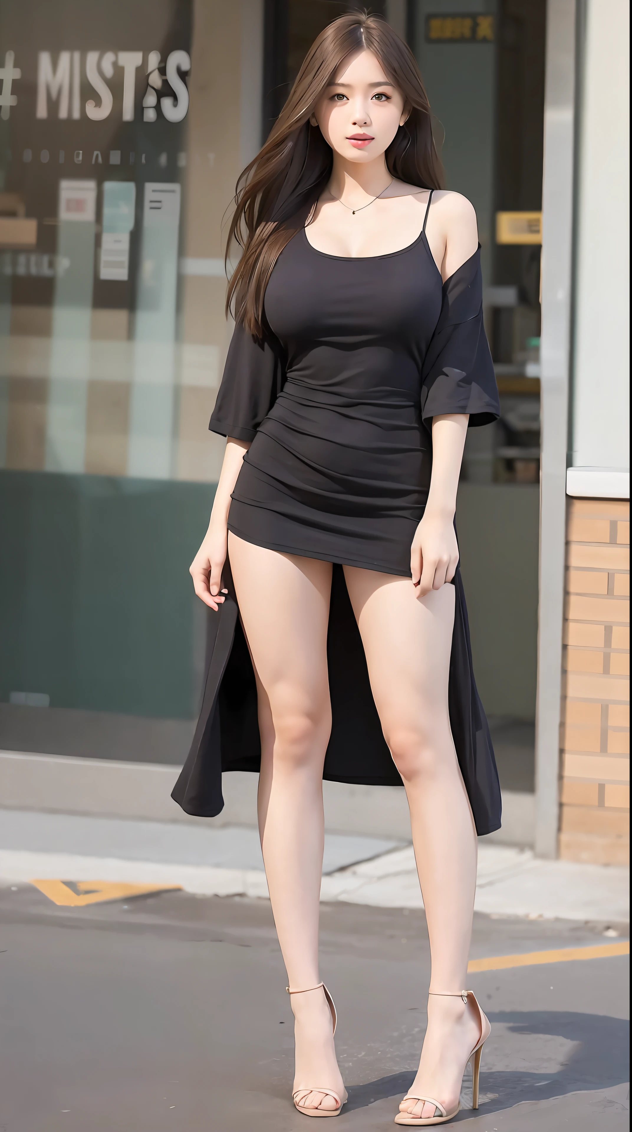 mix4, 20d, solo, long_hair, shirt, dress, high_heels,full_body, look_at_viewer, (8k, RAW photo, best quality, mastery:1.2), (realistic, photo-realistic:1.37), professional lighting, photon mapping, Radiosity,physical based rendering，（Giant breasts：1.3)