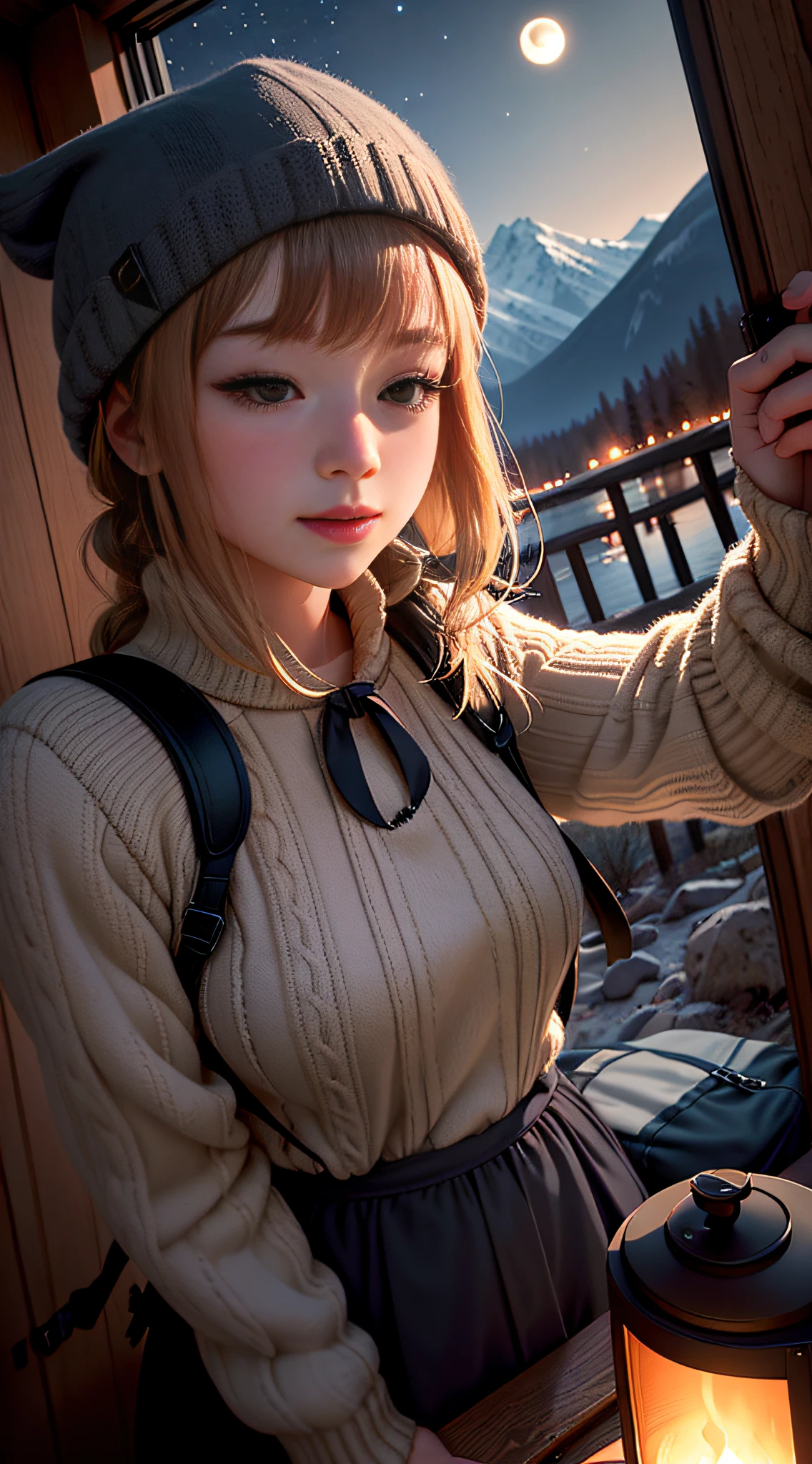 VeronicaCipher ((upper body selfie, happy)), Jeizuo、, Bestquality, ultrahigh-detailing, solo, out door, (NIGHT、), mountains, nature,, (stars, Moon) cheerful, happy, backpack, sleeping bag, camping stove, bottle water, mountain boots, mittens, sweater, bonnet,, lantern, forest, rocks, river, The tree、, fumo, drop shadow, contrast, clear sky, style (warm hue, warm hue): 1 girl.2 Maidens), close-up of the private parts, cinematic light, side lighting, Super High Resolution, best shadows, RAW, upper Body, wearing pullover kodak vision 3,