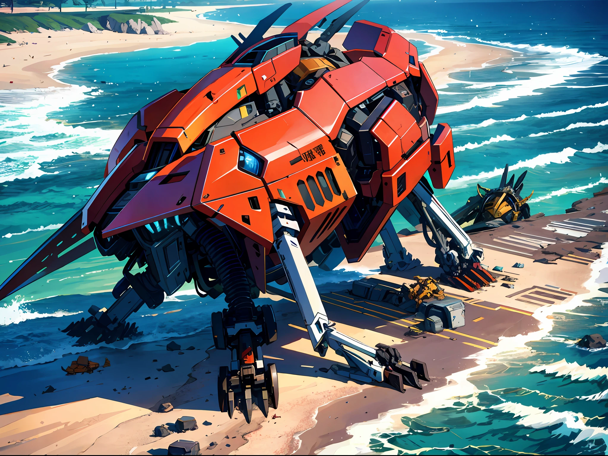 high resolusion，maximum quality，illustartion，Hyperdetailed，A broken mecha beast fell to the ground on the surface of the sea，Various mechanical parts are scattered on it
