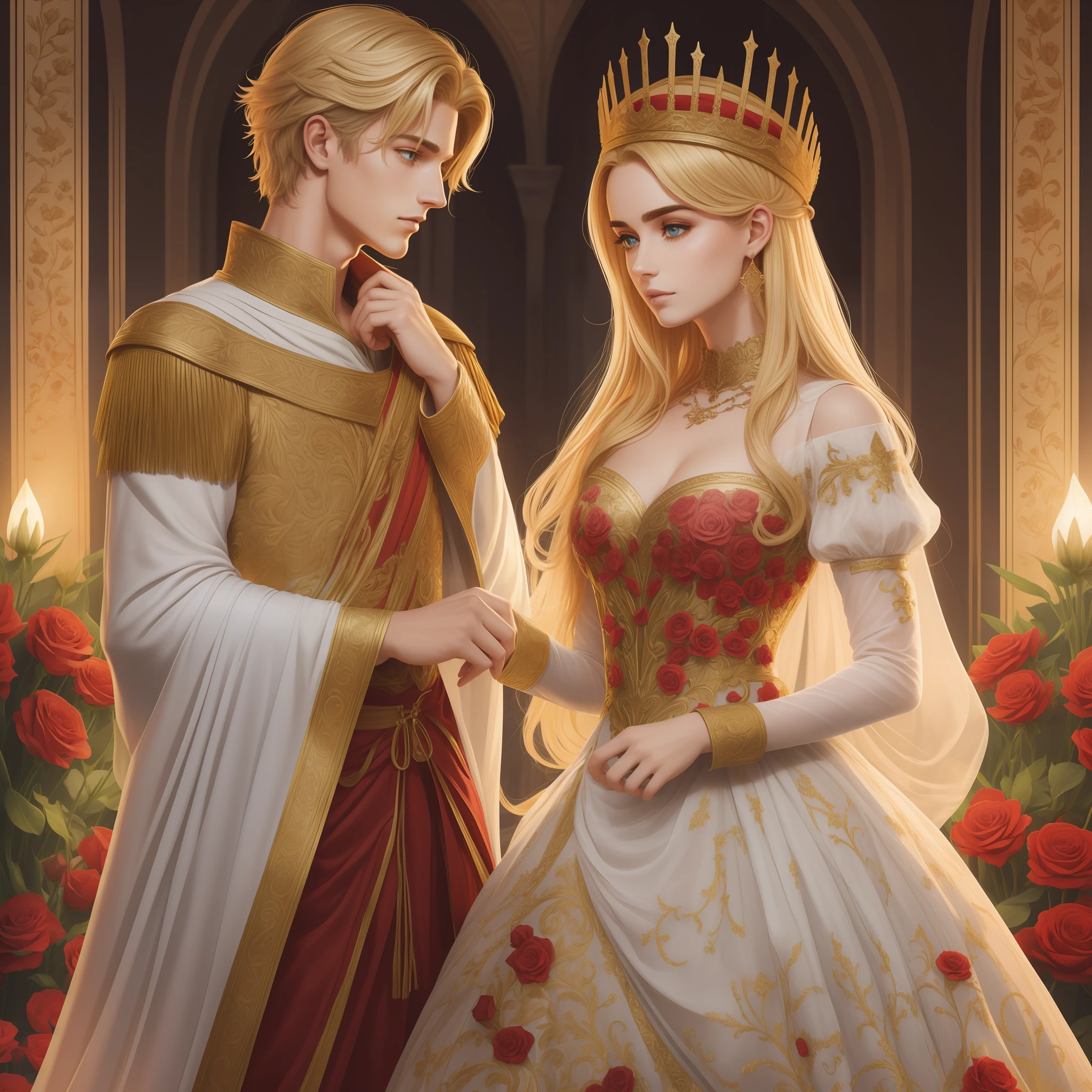 Casal se beija um home e uma mulher com muito carinho, the man Neels Visser is a prince who has golden blonde hair, wears a medieval military garb and is in love with the commoner, a mulher Lily Collins;, que tem cabelo preto moreno encaracolado e usa um vestido vermelho, Illustration of a novel book cover with a detailed background, liso, brilhante cheio de flores cobertas de hera e rosas vermelhas, castelo, Ornate dress standing on a bed of roses, Anel luminoso, dynamic lighting, ethereal lighting, ultra detalhe, arte conceitual, elegante, surreal, arte por Samyang