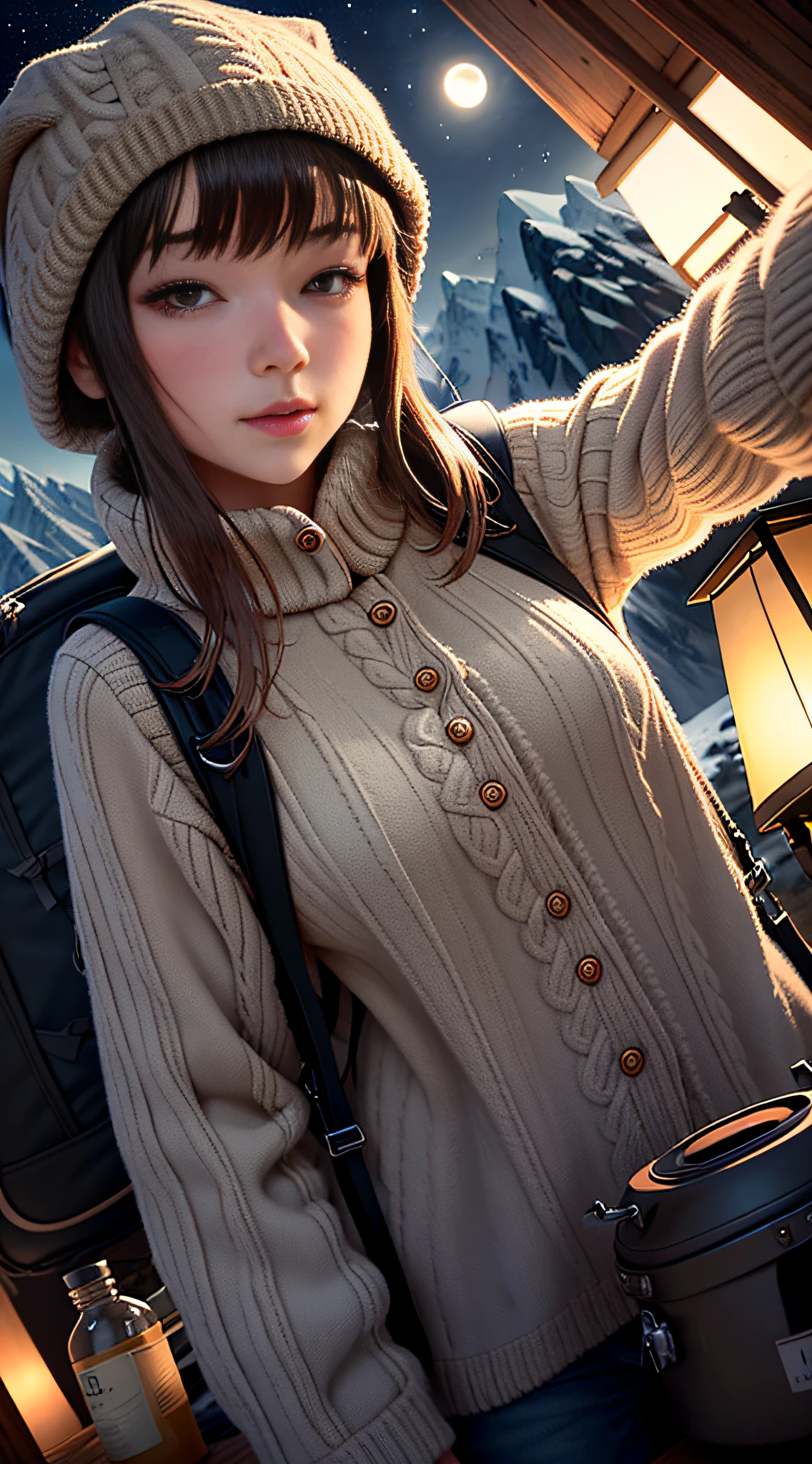 VeronicaCipher ((upper body selfie, happy)), Jeizuo、, Bestquality, ultrahigh-detailing, solo, out door, (NIGHT、), mountains, nature,, (stars, Moon) cheerful, happy, backpack, sleeping bag, camping stove, bottle water, mountain boots, mittens, sweater, bonnet,, lantern, forest, rocks, river, The tree、, fumo, drop shadow, contrast, clear sky, style (warm hue, warm hue): 1 girl.2 Maidens), close-up of the private parts, cinematic light, side lighting, Super High Resolution, best shadows, RAW, upper Body, wearing pullover kodak vision 3,