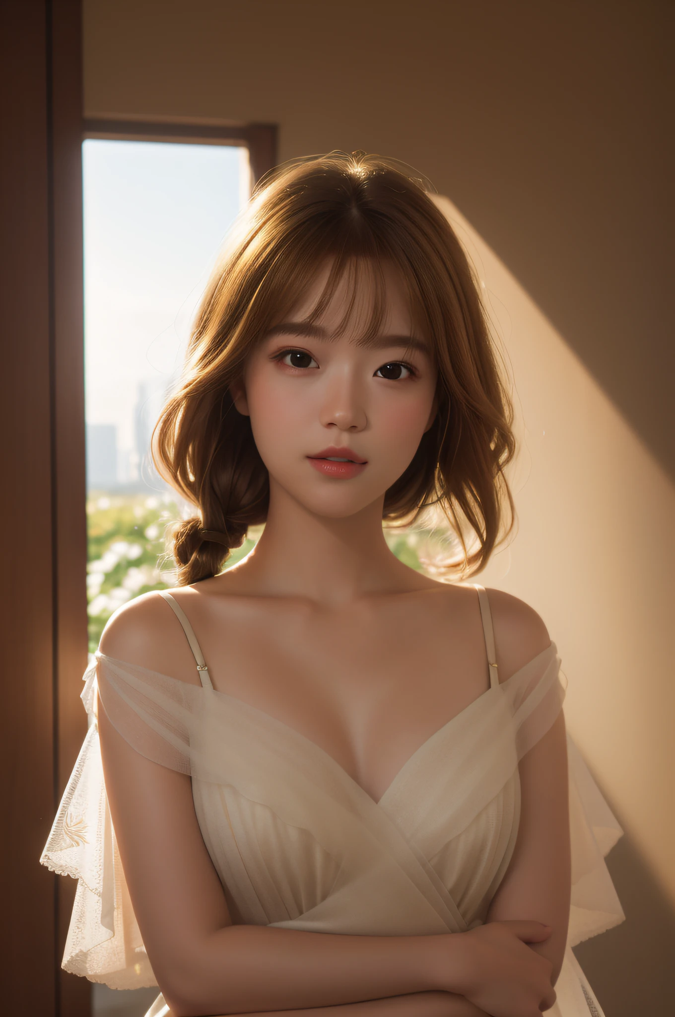 (Photorealistic Natural Human Body), looking at viewer, hairstyle, ((female pov)), Sony a7 IV and 50mm Sigma f/1.4 ZEISS lens, the portrait is expertly captured by renowned photographer Justin Hogan, known for his sharp focus, film grain and rich, deep colors, shadows. The lighting, featuring a golden warm light and soft, natural volumetric lighting, provides an elegant and ethereal lighting feel to the shot.