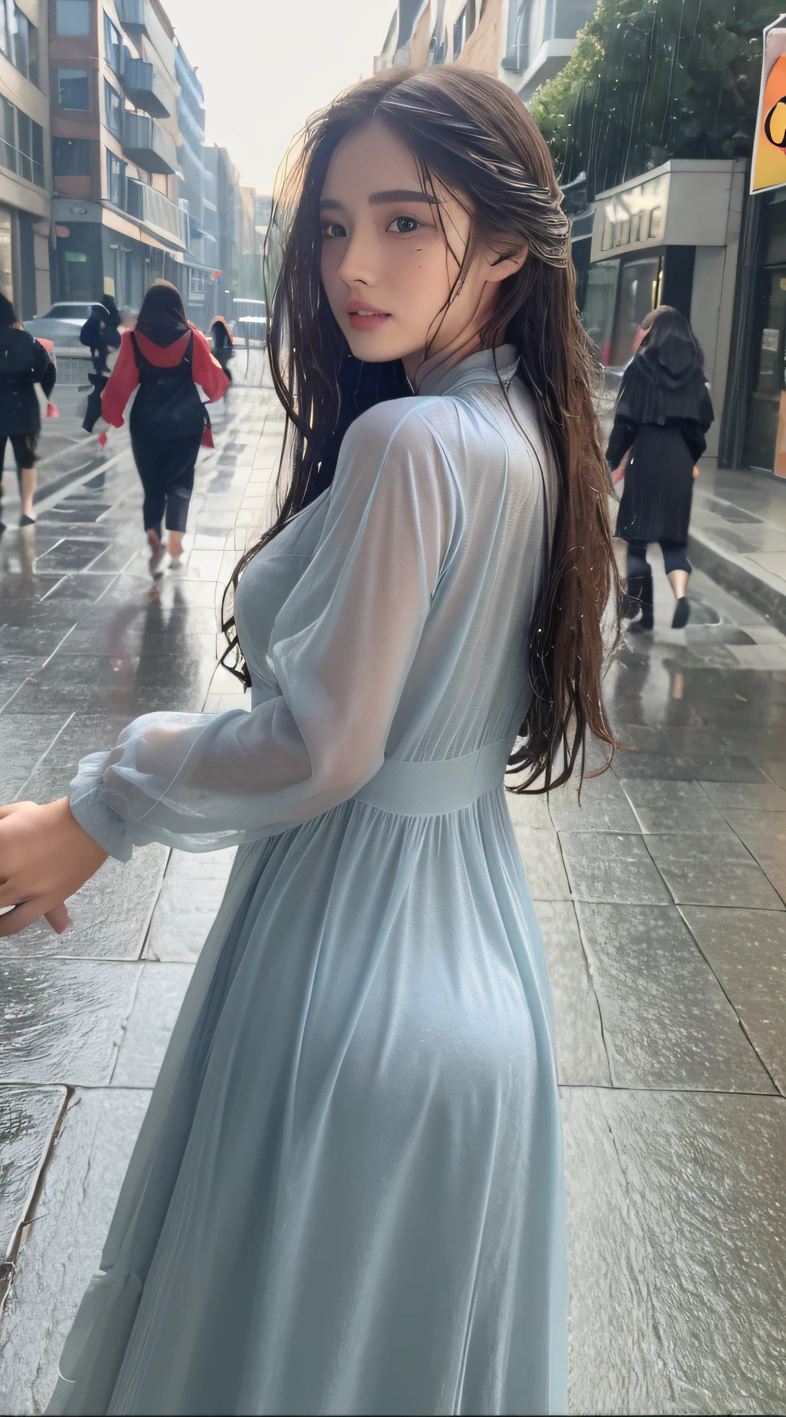 ((bestquality、8K、A masterpie:1.3))、focus:1.2、Perfect Body Beauty:1.4、ass:1.2、((Long layered haircuts、s chest:0.8))、(wet clothing:1.1)、(wet rainy、street:1.3)、((Long dress:1.1))、highly detailed facial and skin textures、delicated eyes、Double eyelidd、White Skin、hair long