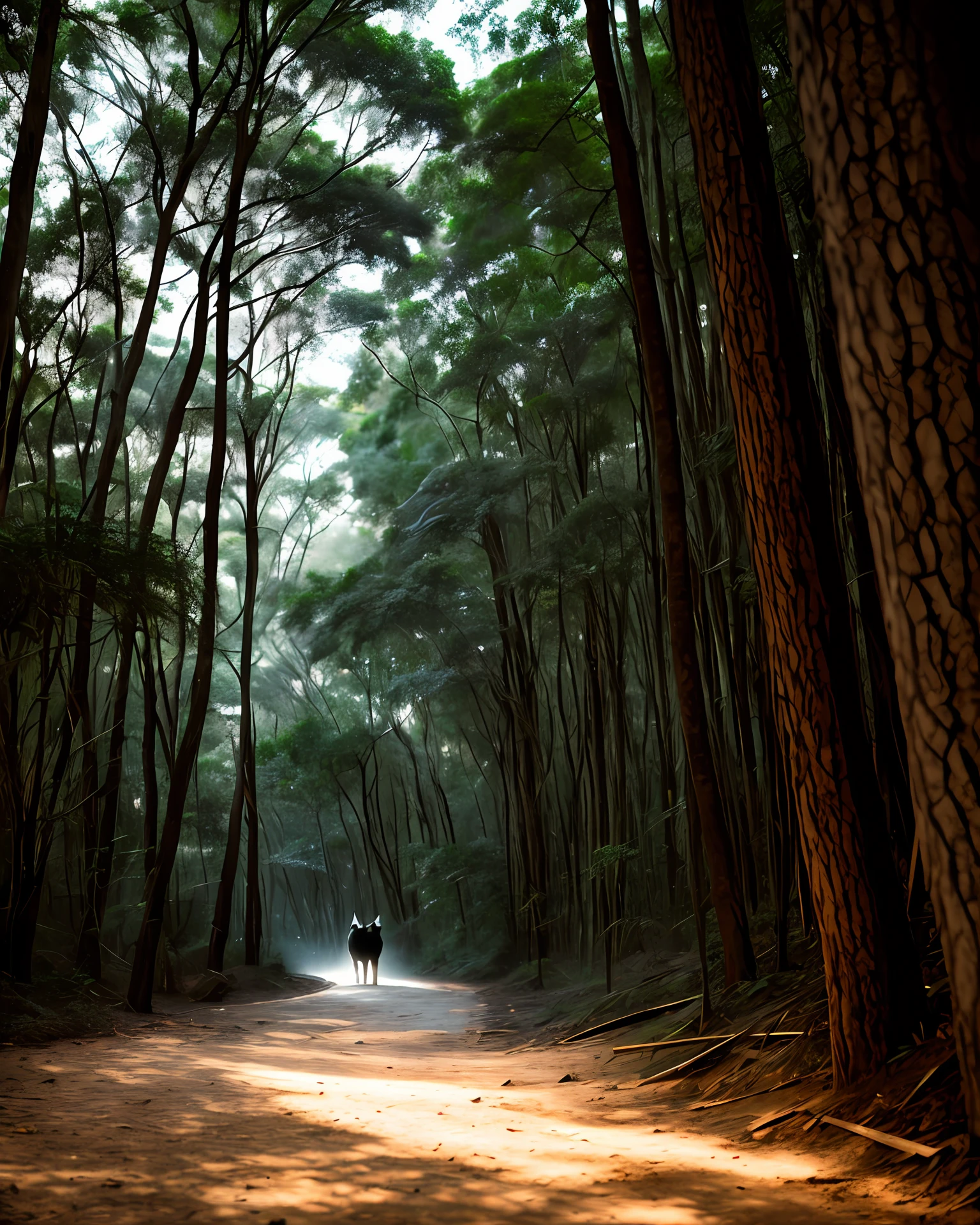 Sombrio, Last Light, From out of the shadows toward the viewer comes a wolf with glowing eyes, grande, viril, musculoso, assustador, enquanto ele se move pelo beco, The path becomes increasingly choked with fallen structures and signs of turmoil.